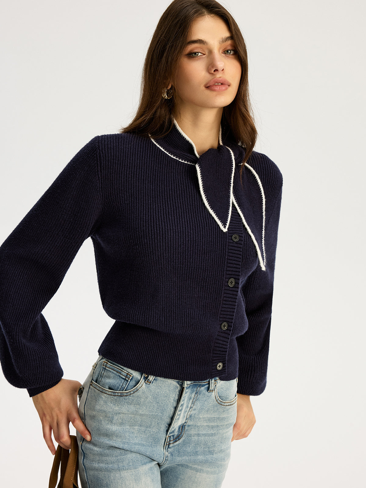 Tie Neck Button Knit Top - Women's Casual Long Sleeve Pullover