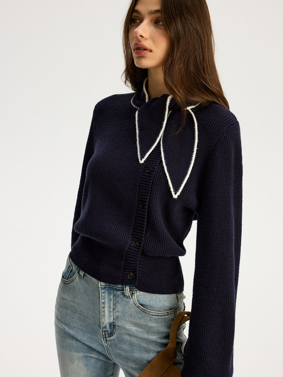 Tie Neck Button Knit Top - Women's Casual Long Sleeve Pullover