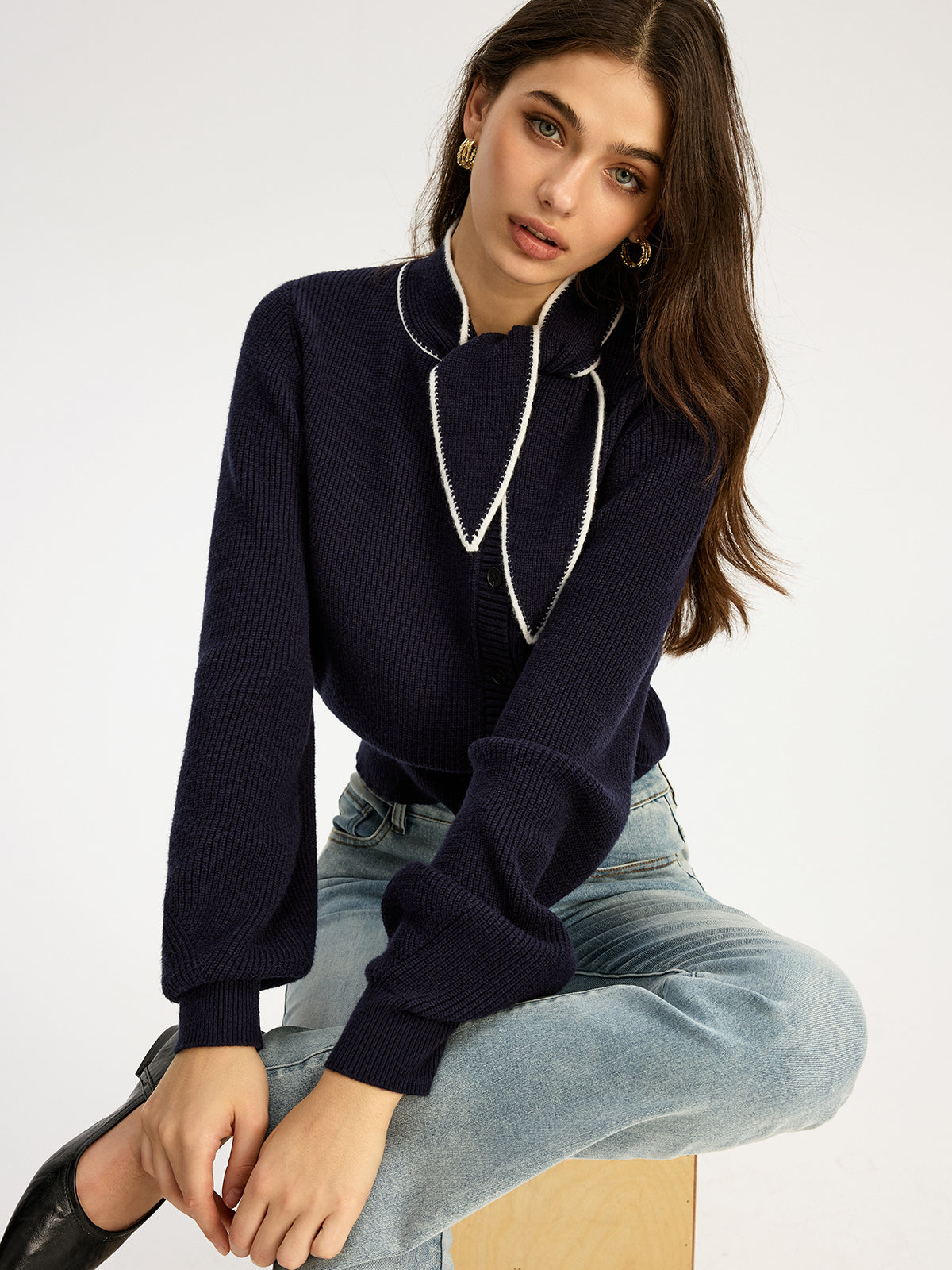 Tie Neck Button Knit Top - Women's Casual Long Sleeve Pullover