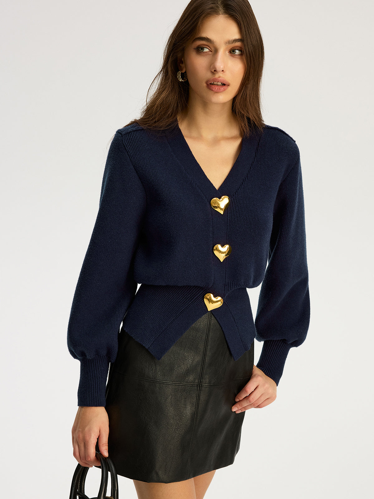 Heart Metal Detail V-Neck Sweater Classic Casual Knitwear for Women