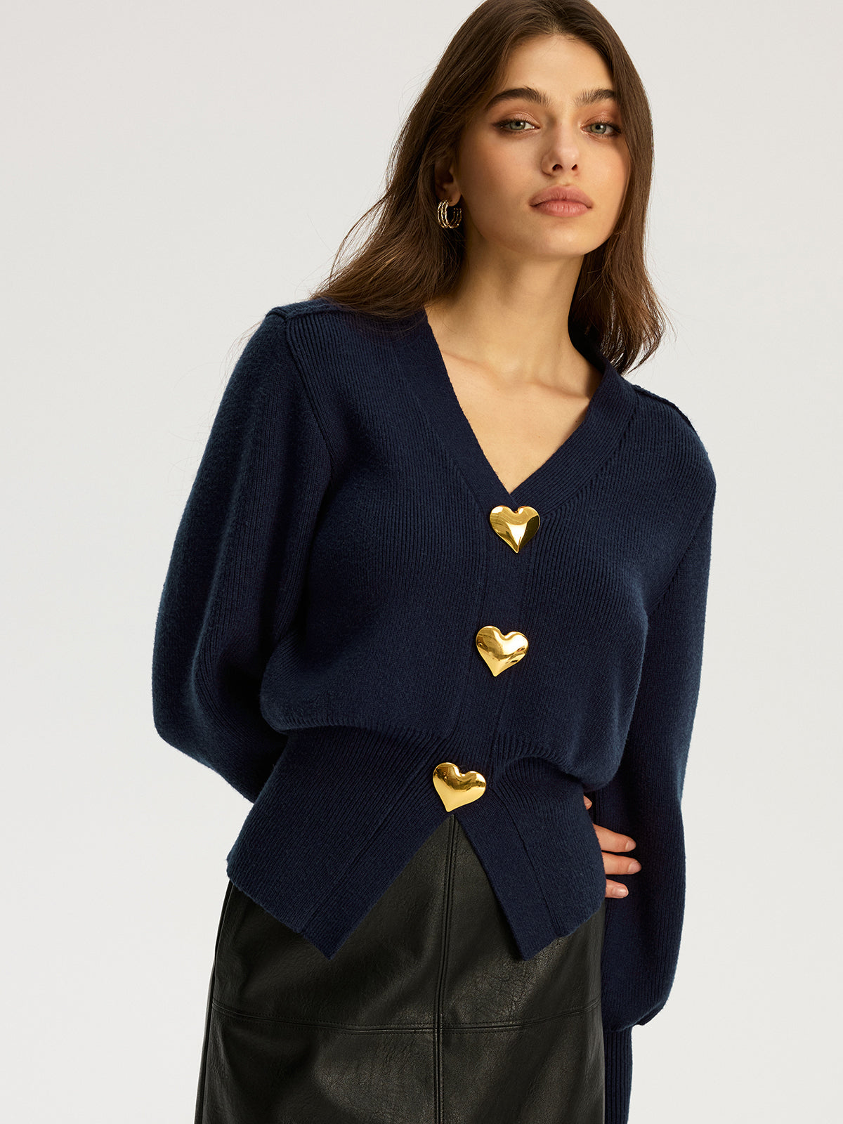 Heart Metal Detail V-Neck Sweater Classic Casual Knitwear for Women