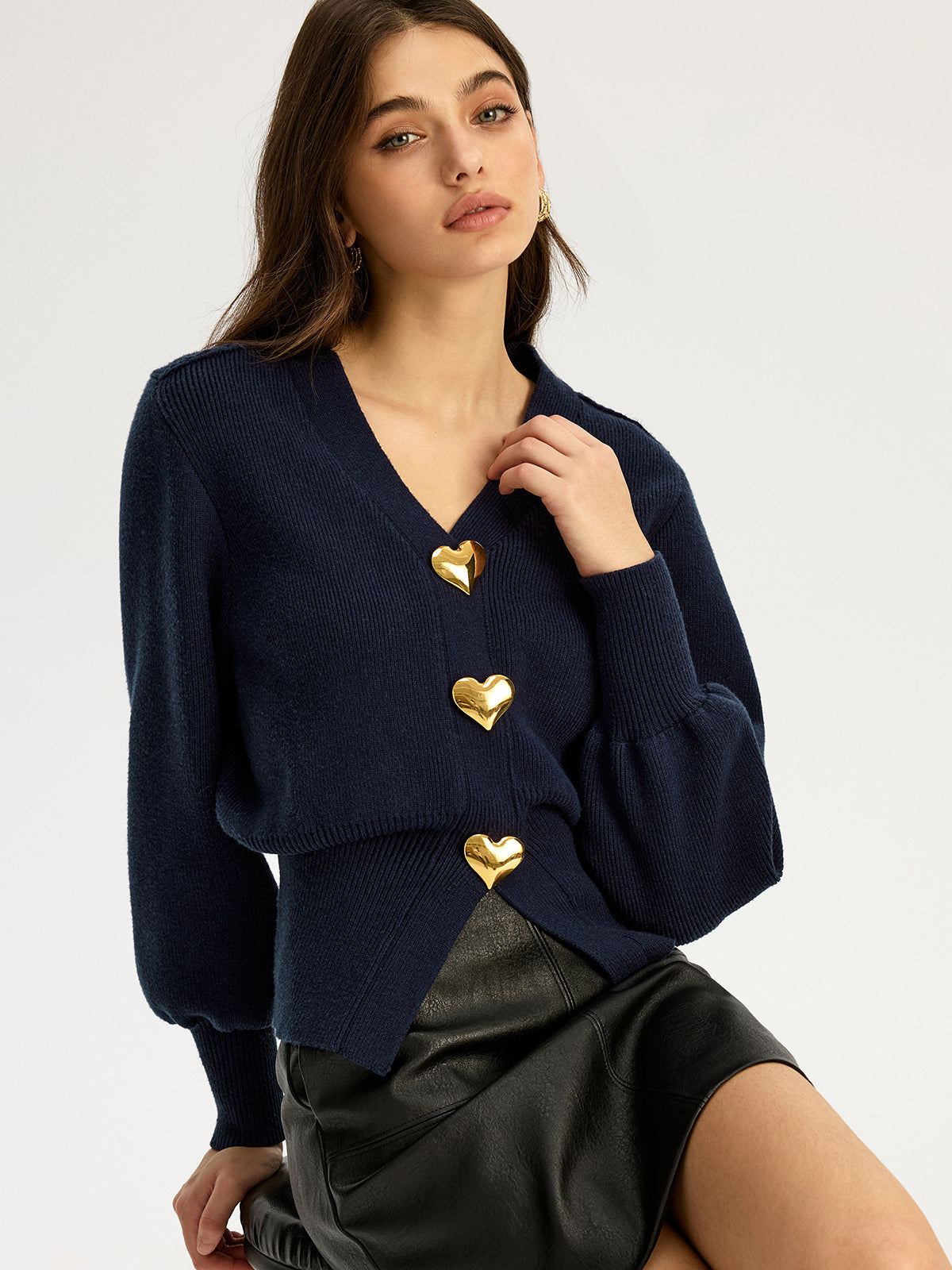 Heart Metal Detail V-Neck Sweater Classic Casual Knitwear for Women