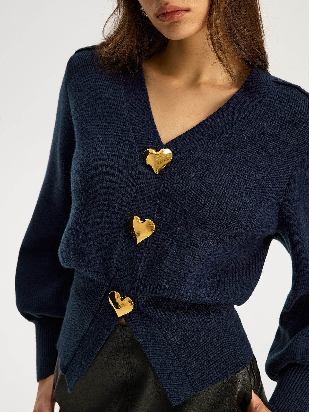 Heart Metal Detail V-Neck Sweater Classic Casual Knitwear for Women