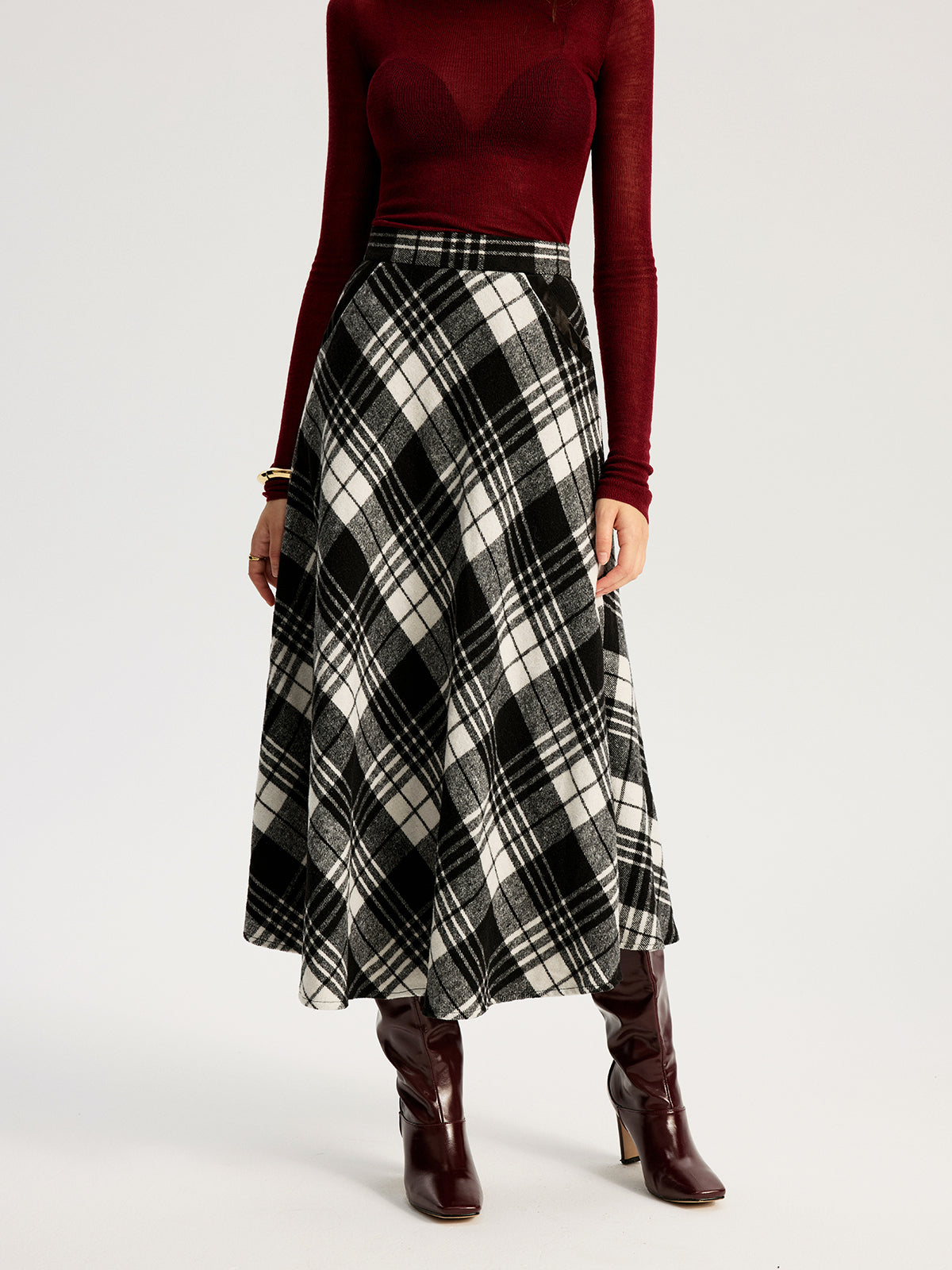 High Waist Line Flared Plaid Long Skirt with Elastic Band Detail