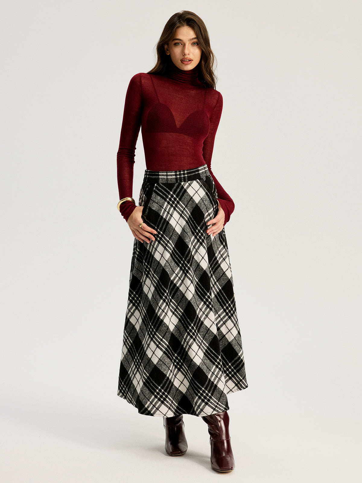 High Waist Line Flared Plaid Long Skirt with Elastic Band Detail