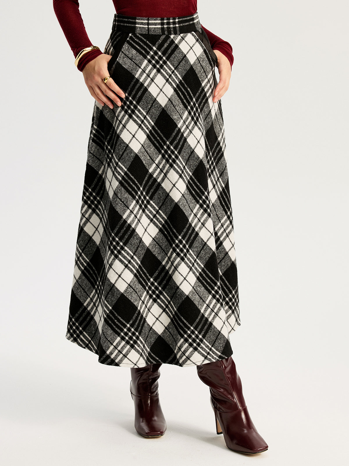 High Waist Line Flared Plaid Long Skirt with Elastic Band Detail