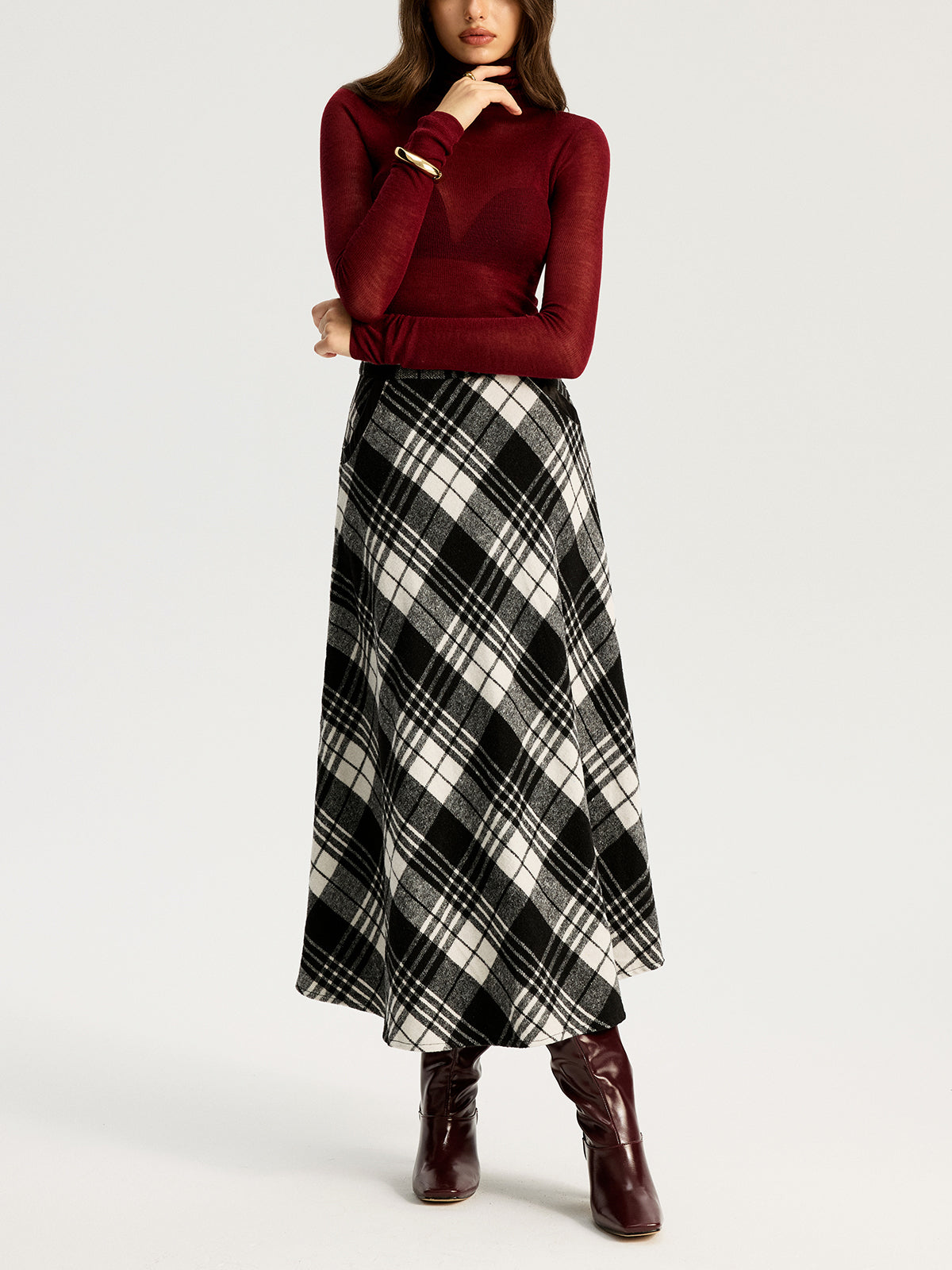 High Waist Line Flared Plaid Long Skirt with Elastic Band Detail