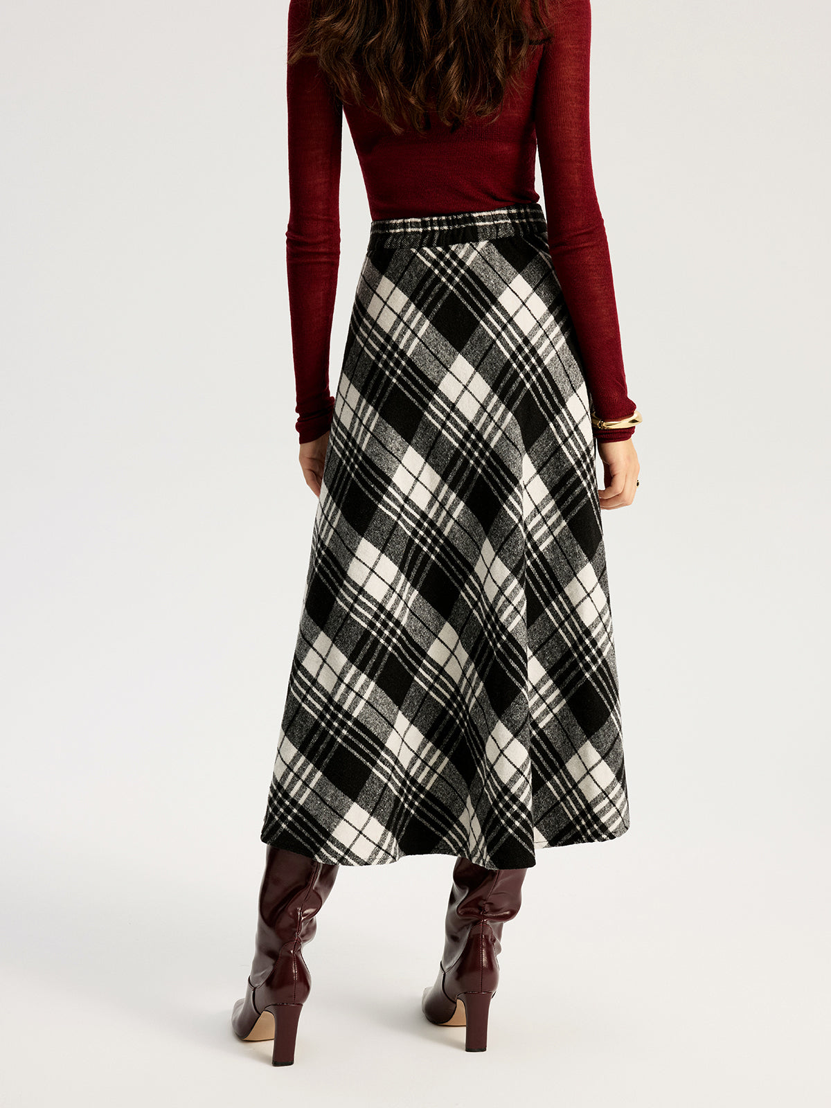 High Waist Line Flared Plaid Long Skirt with Elastic Band Detail