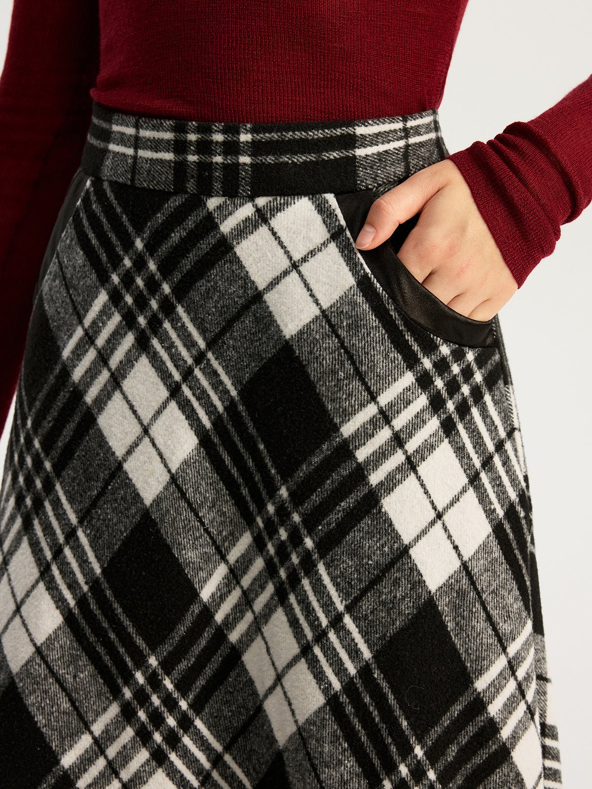 High Waist Line Flared Plaid Long Skirt with Elastic Band Detail