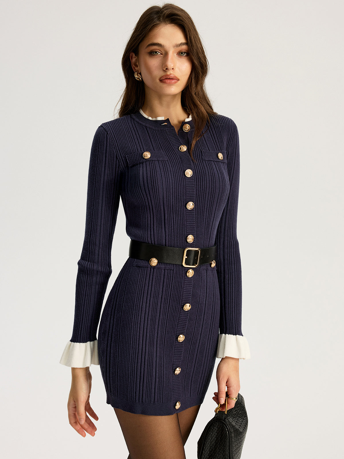 Contrast Cuff Metal Button Belted Mini Dress Elegant Tailored Party Wear