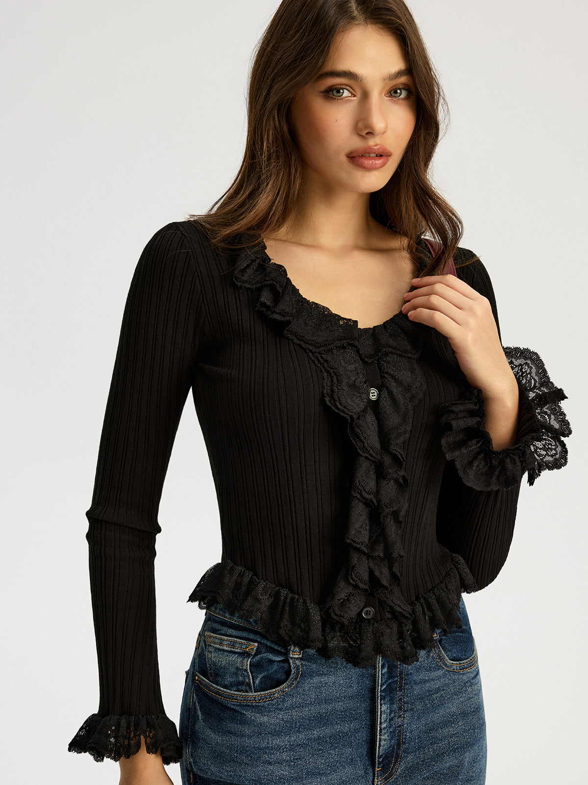 Ruffled Ribbed Long-Sleeve Knit Top Comfortable Fit Casual Wear
