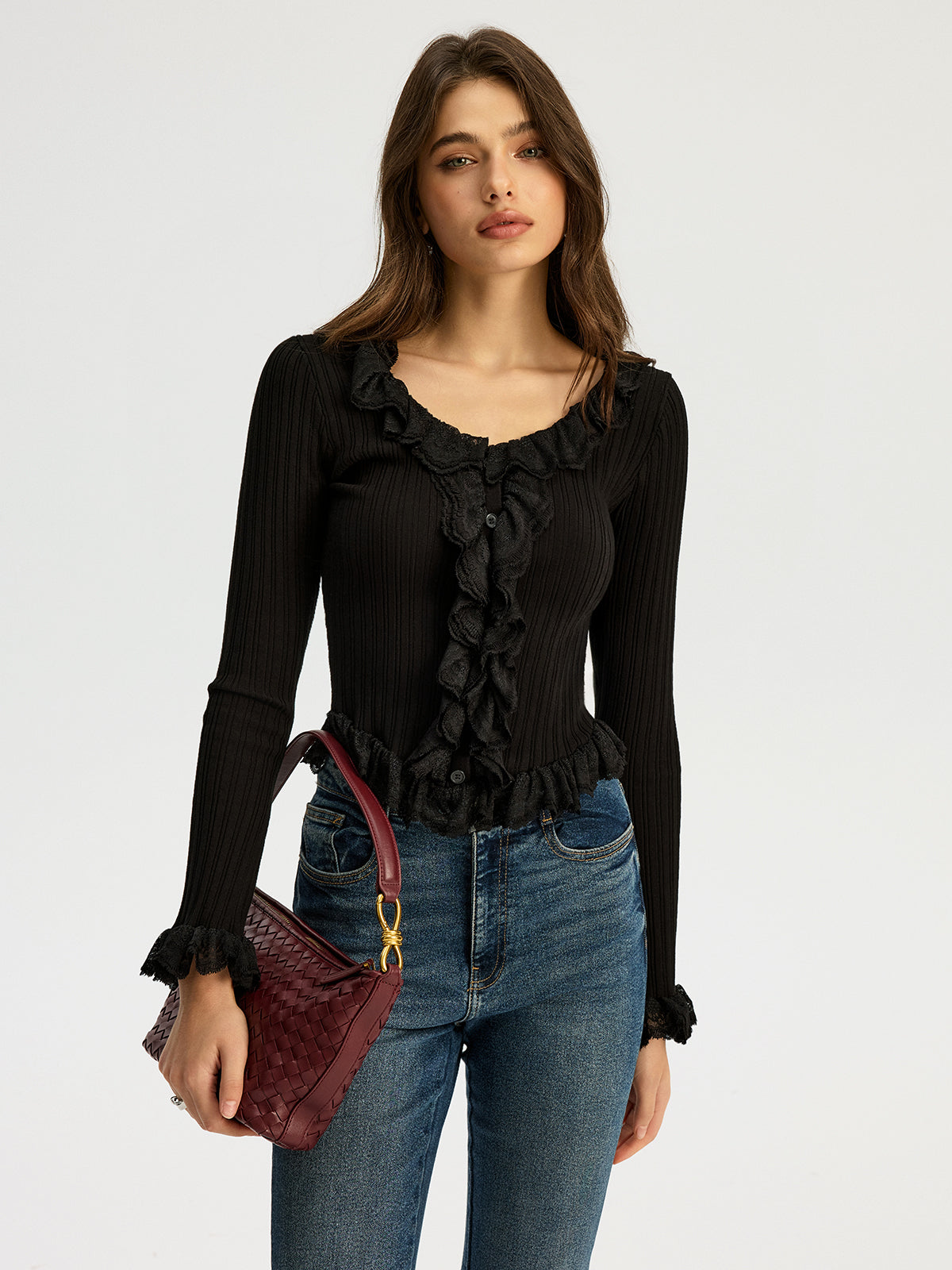Ruffled Ribbed Long-Sleeve Knit Top Comfortable Fit Casual Wear