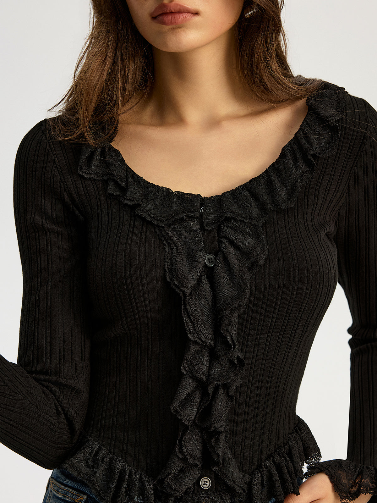 Ruffled Ribbed Long-Sleeve Knit Top Comfortable Fit Casual Wear