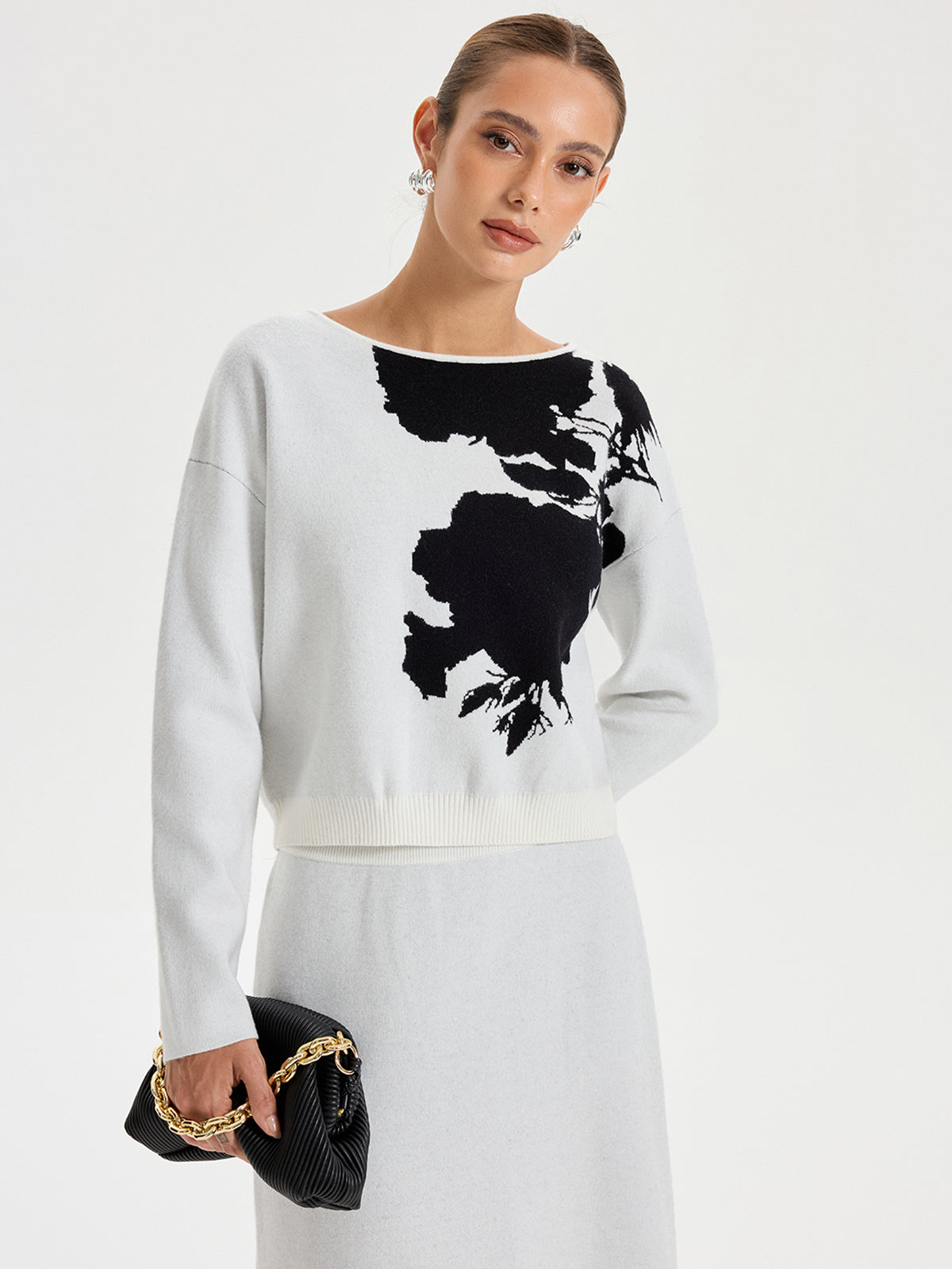 Ink-Wash Painting Pattern Round Neck Knit Top for Women Casual Wear