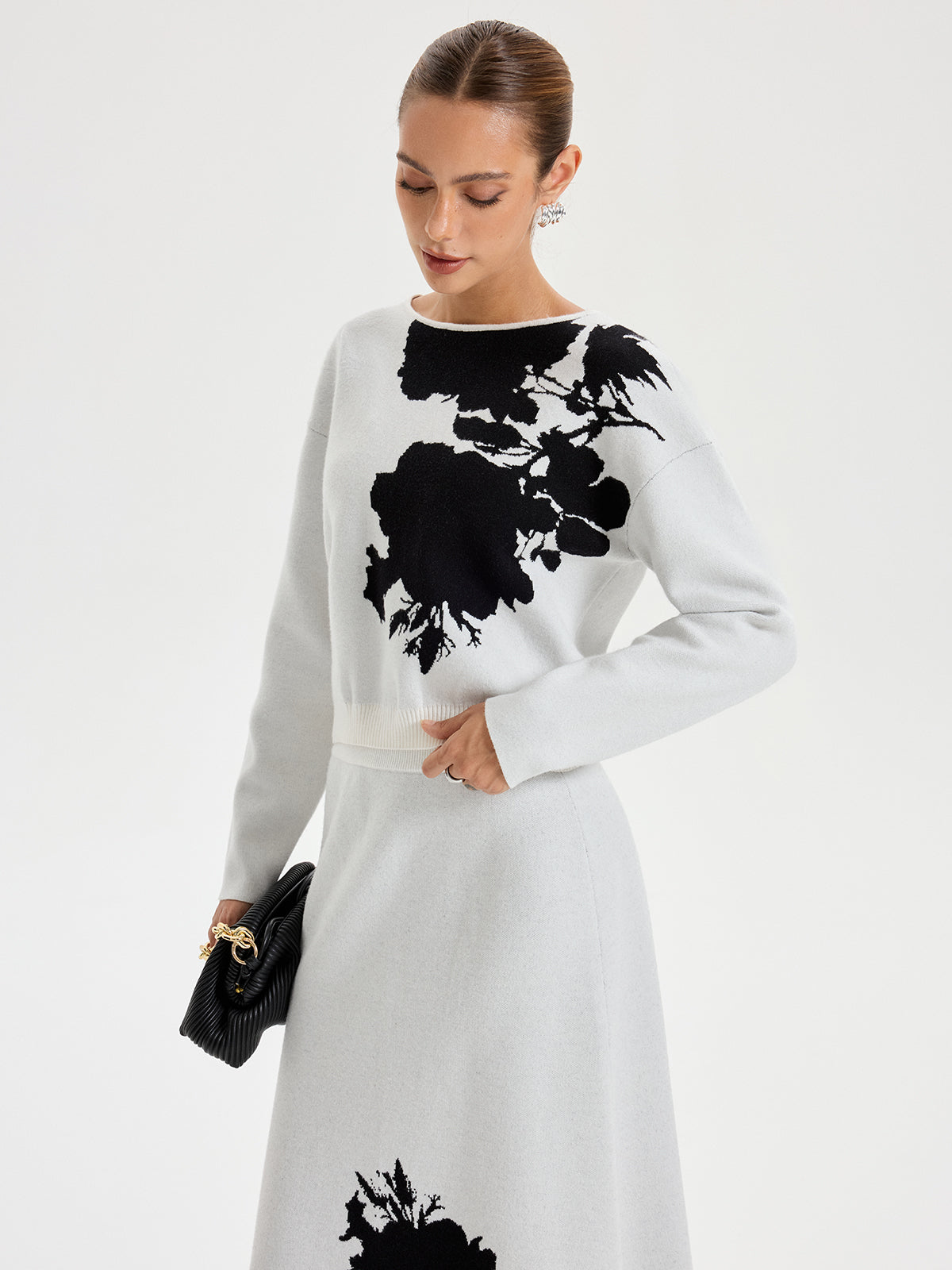 Ink-Wash Painting Pattern Round Neck Knit Top for Women Casual Wear