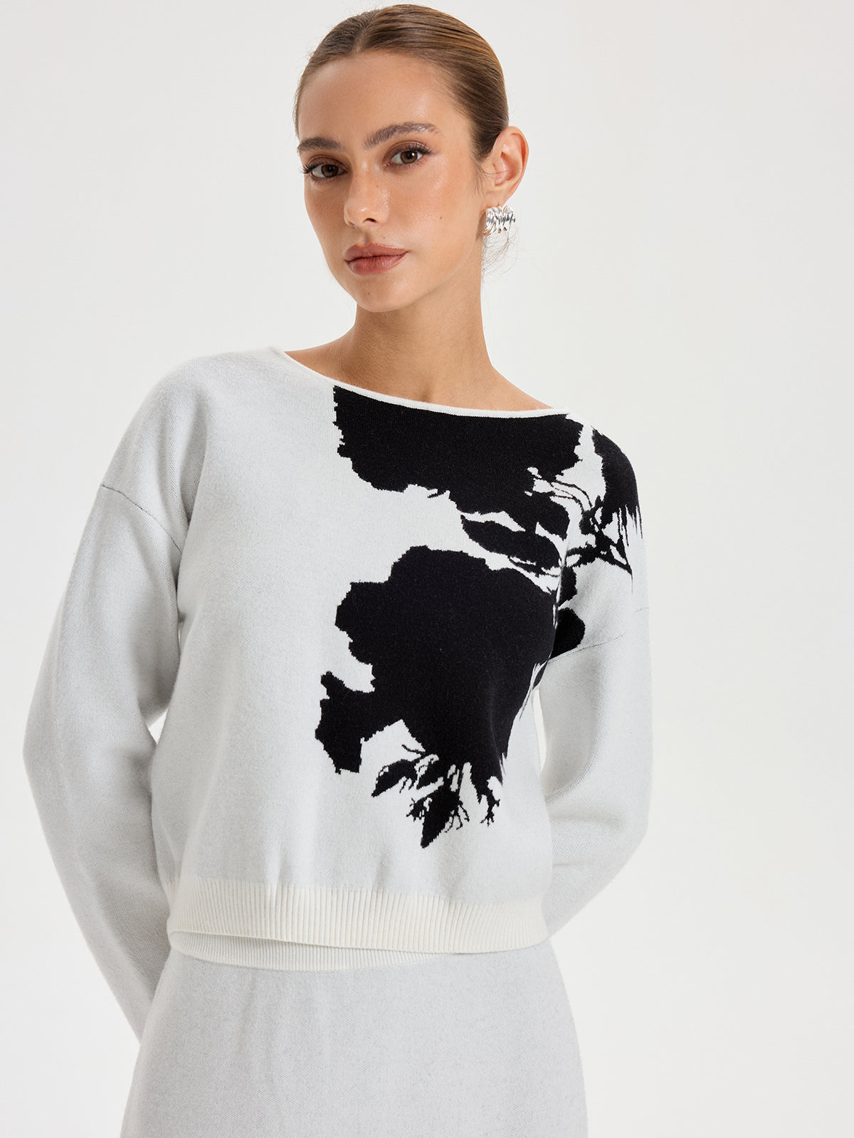 Ink-Wash Painting Pattern Round Neck Knit Top for Women Casual Wear