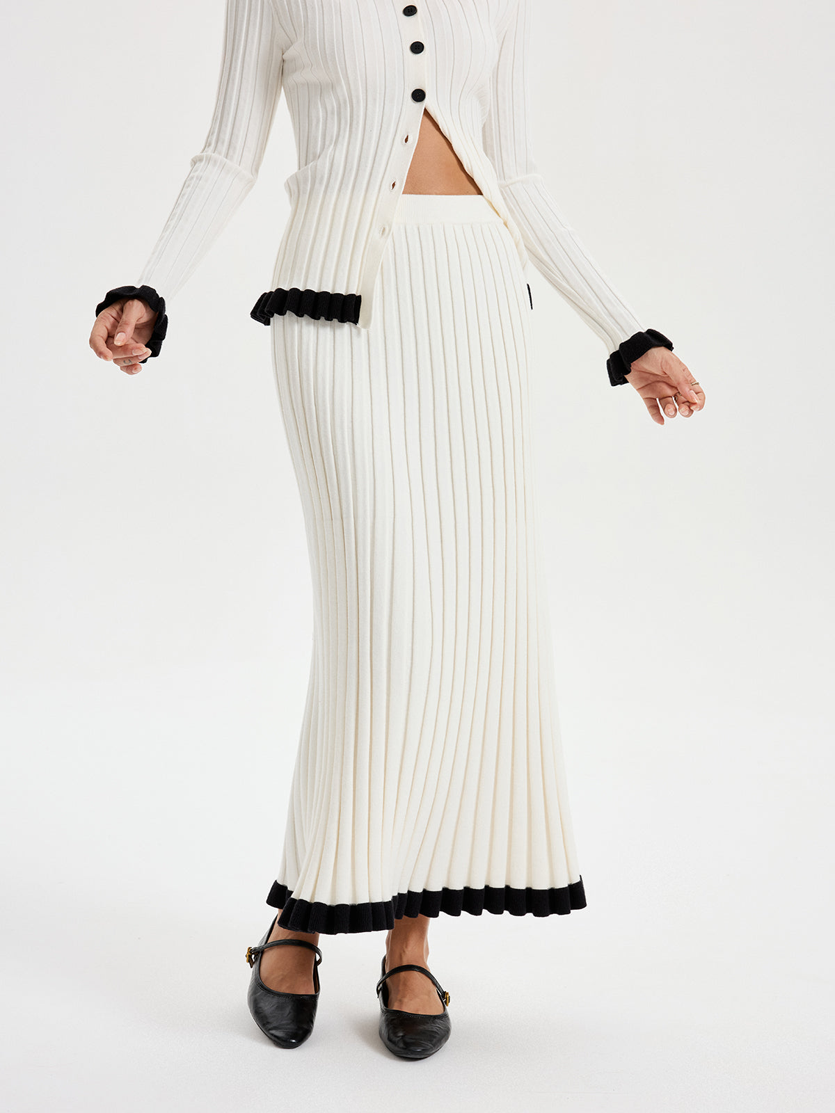 Rib-knit Skirt with Contrasting Ruffles, High Waist Flowy Design