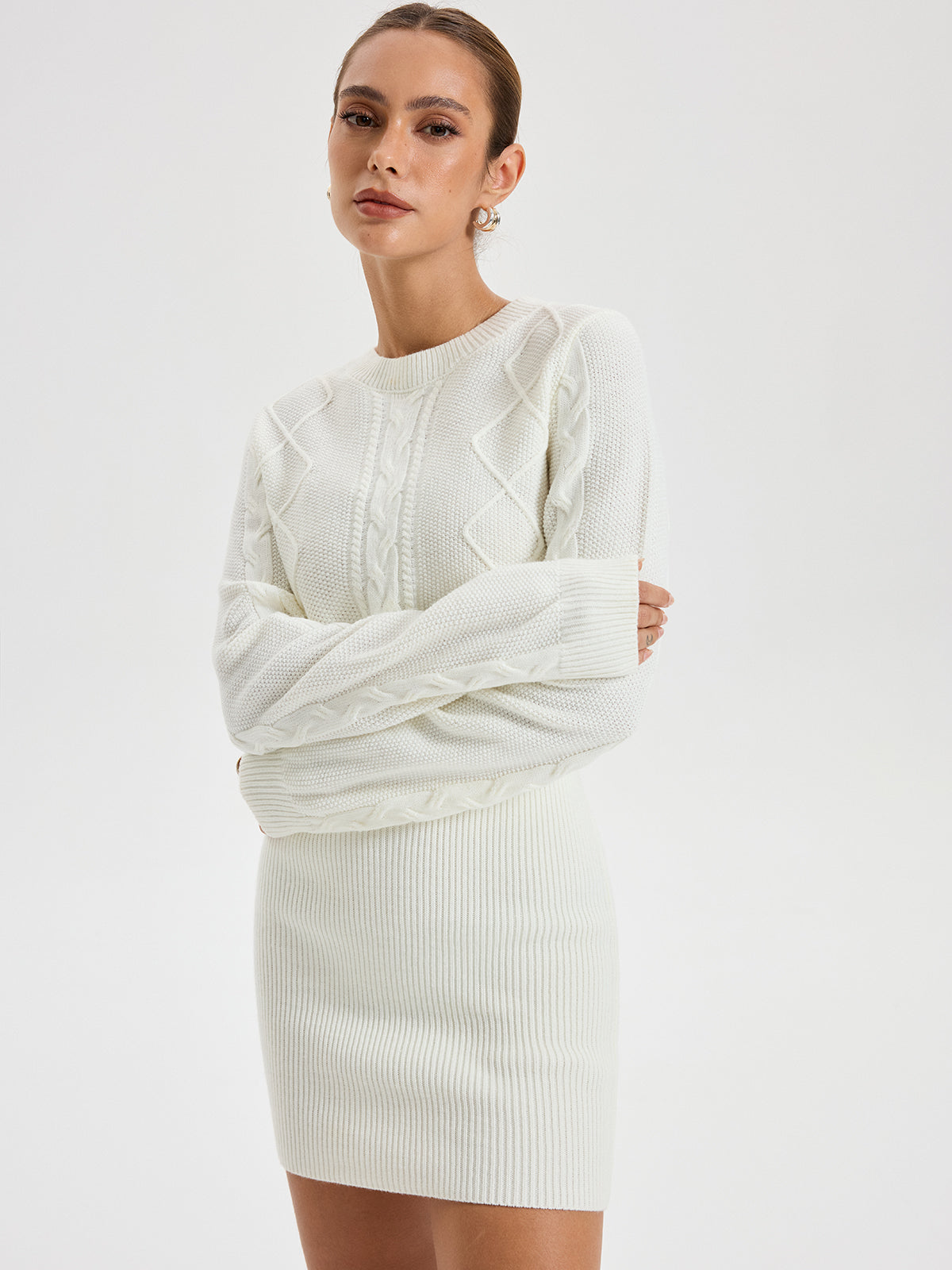 Cable Knit Crewneck Sweater Dress for Women Cozy Winter Fashion