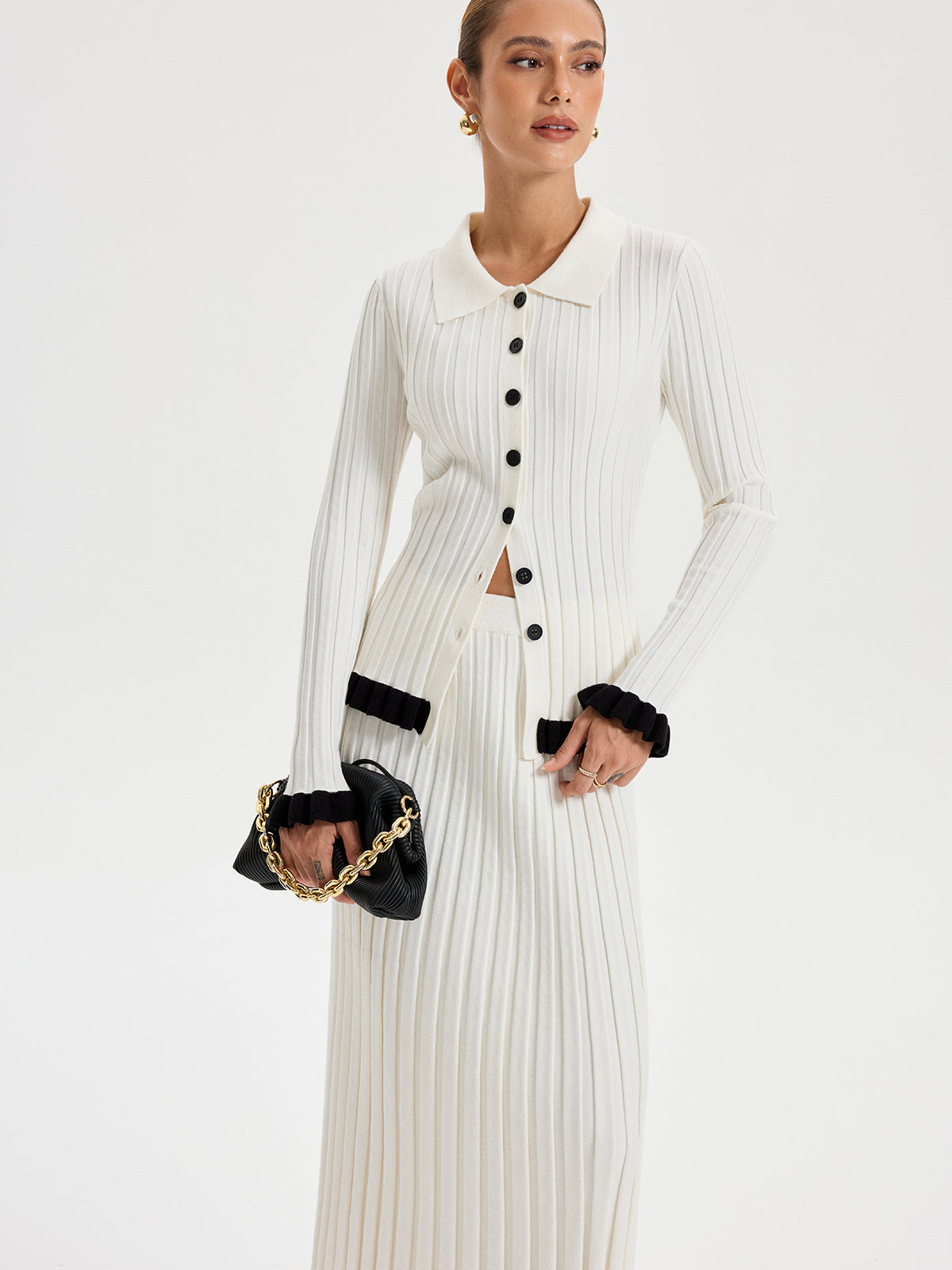 Rib-Knit Cardigan with Contrasting Ruffles Women's Stylish Layering Essential