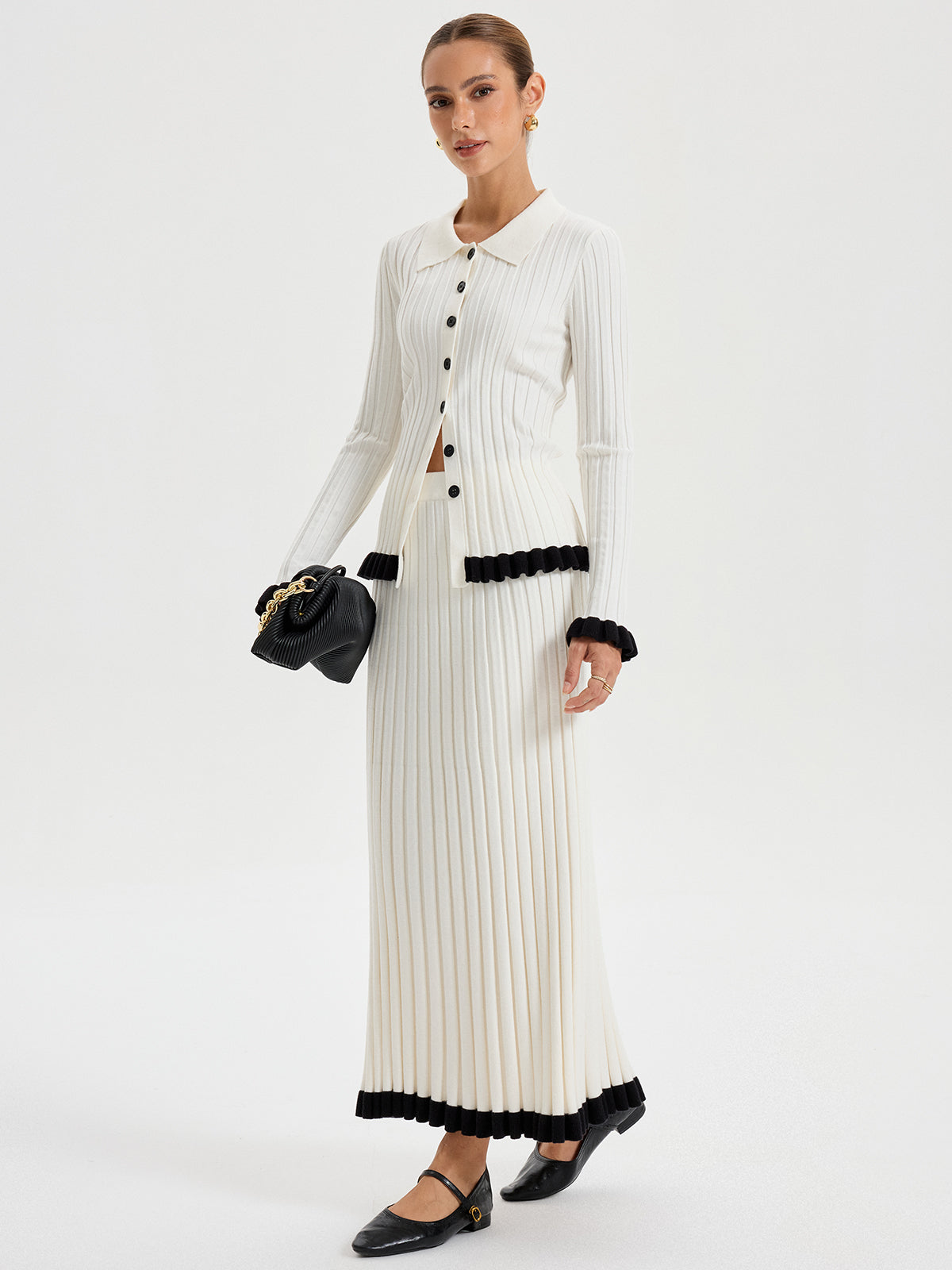 Rib-Knit Cardigan with Contrasting Ruffles Women's Stylish Layering Essential