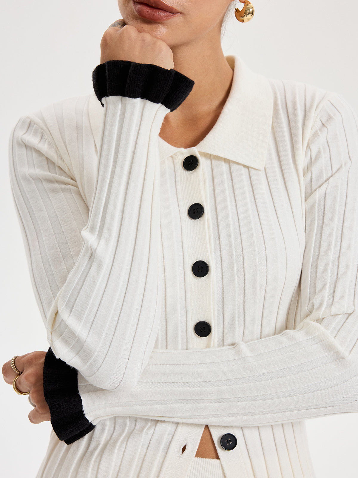 Rib-Knit Cardigan with Contrasting Ruffles Women's Stylish Layering Essential