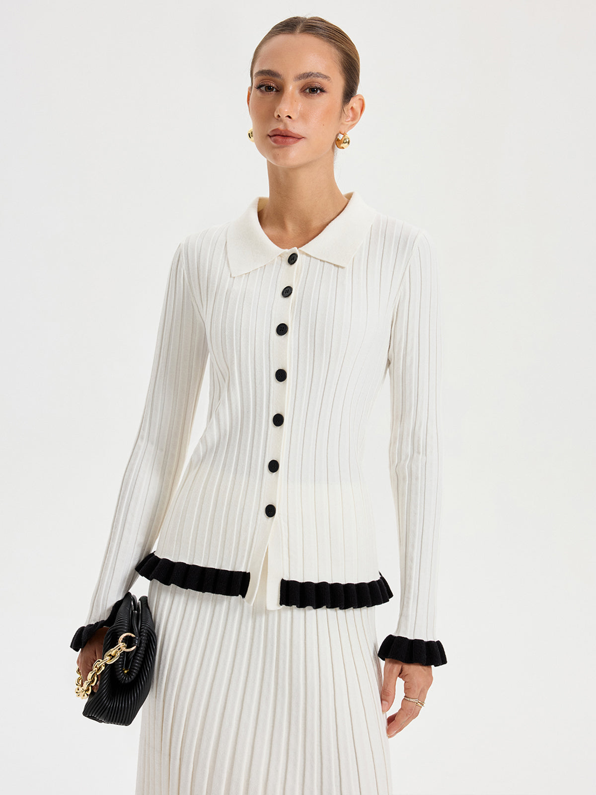 Rib-Knit Cardigan with Contrasting Ruffles Women's Stylish Layering Essential
