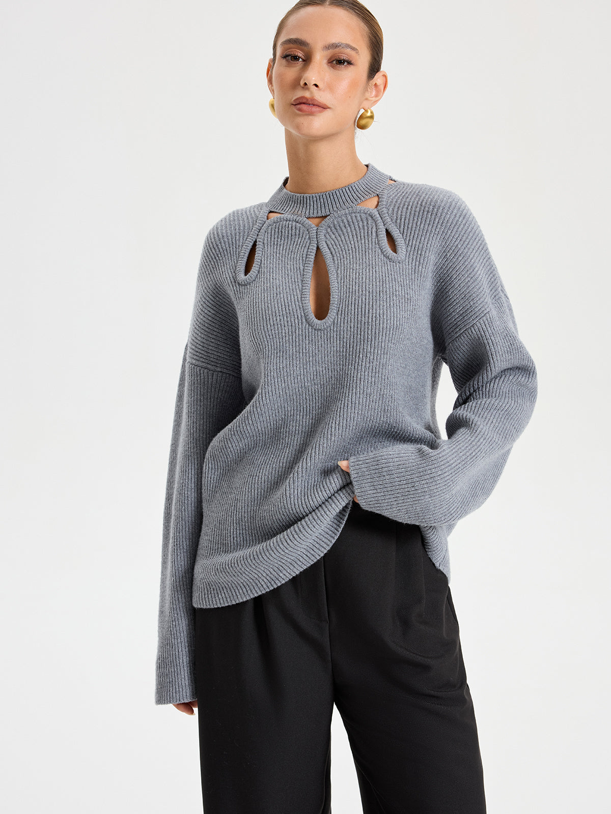 Cut-Out Knit Sweater Lightweight Cozy Trendy Style