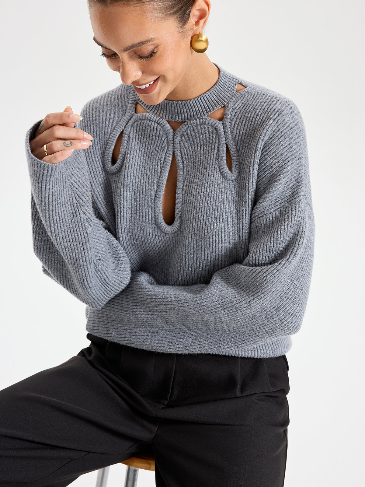 Cut-Out Knit Sweater Lightweight Cozy Trendy Style