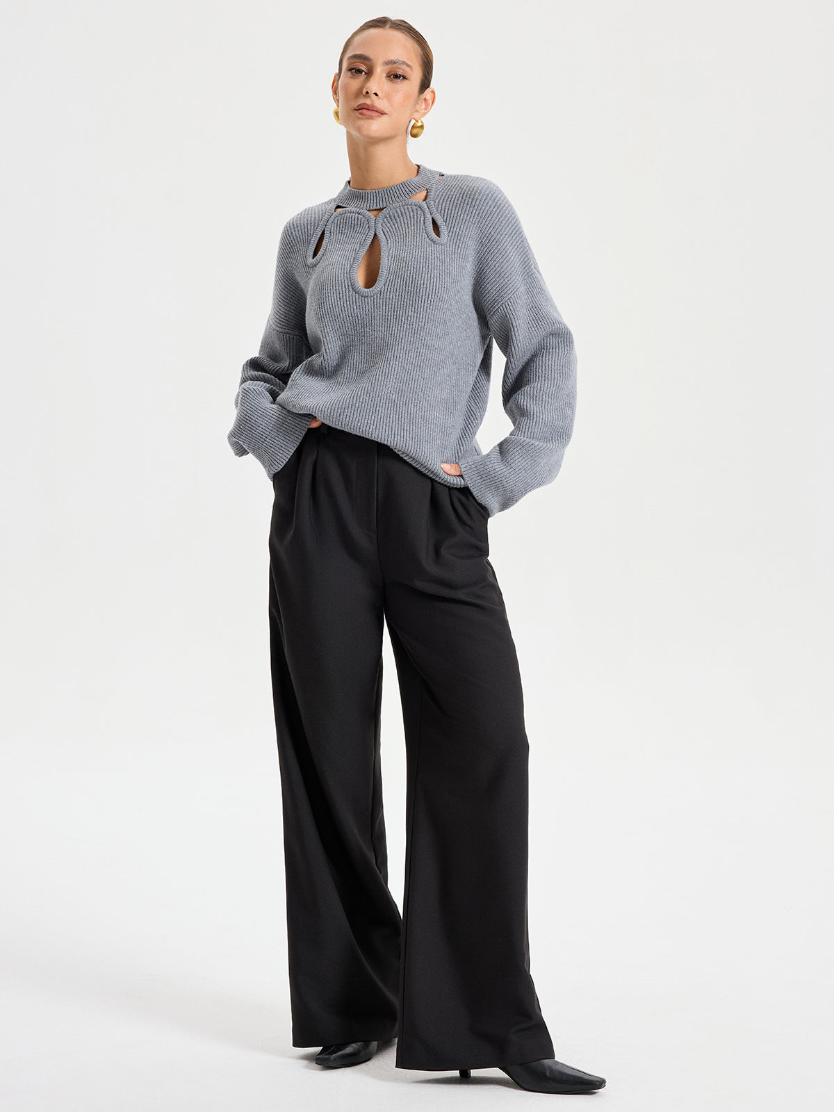 Cut-Out Knit Sweater Lightweight Cozy Trendy Style
