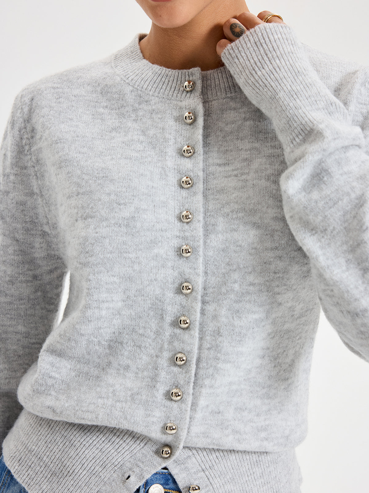 Buttoned Crew Neck Cardigan Lightweight Cotton Blend