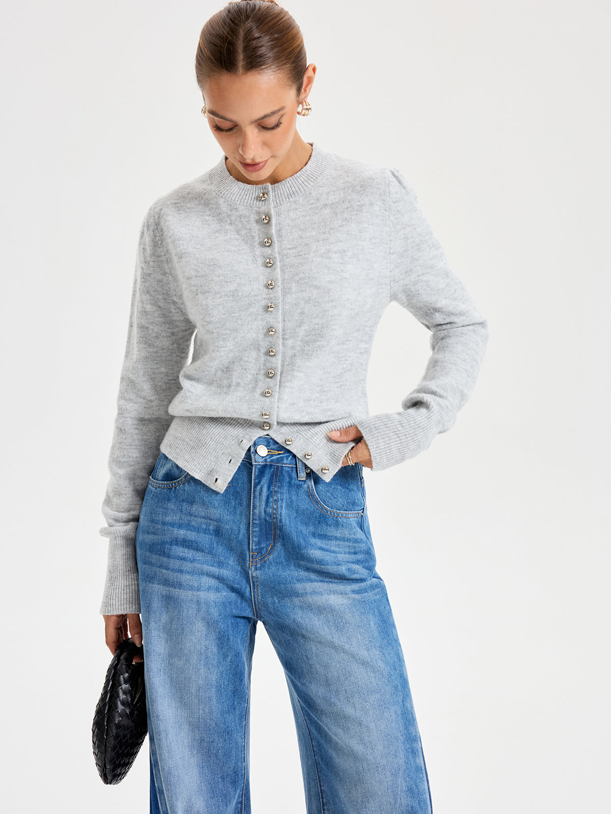 Buttoned Crew Neck Cardigan Lightweight Cotton Blend
