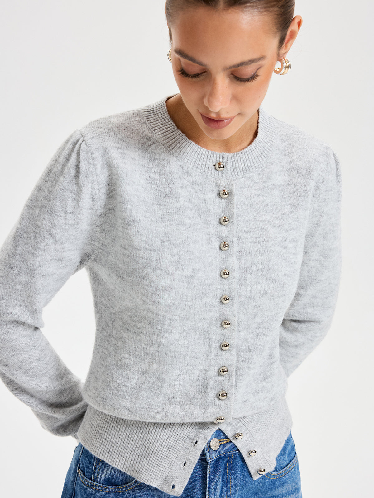 Buttoned Crew Neck Cardigan Lightweight Cotton Blend