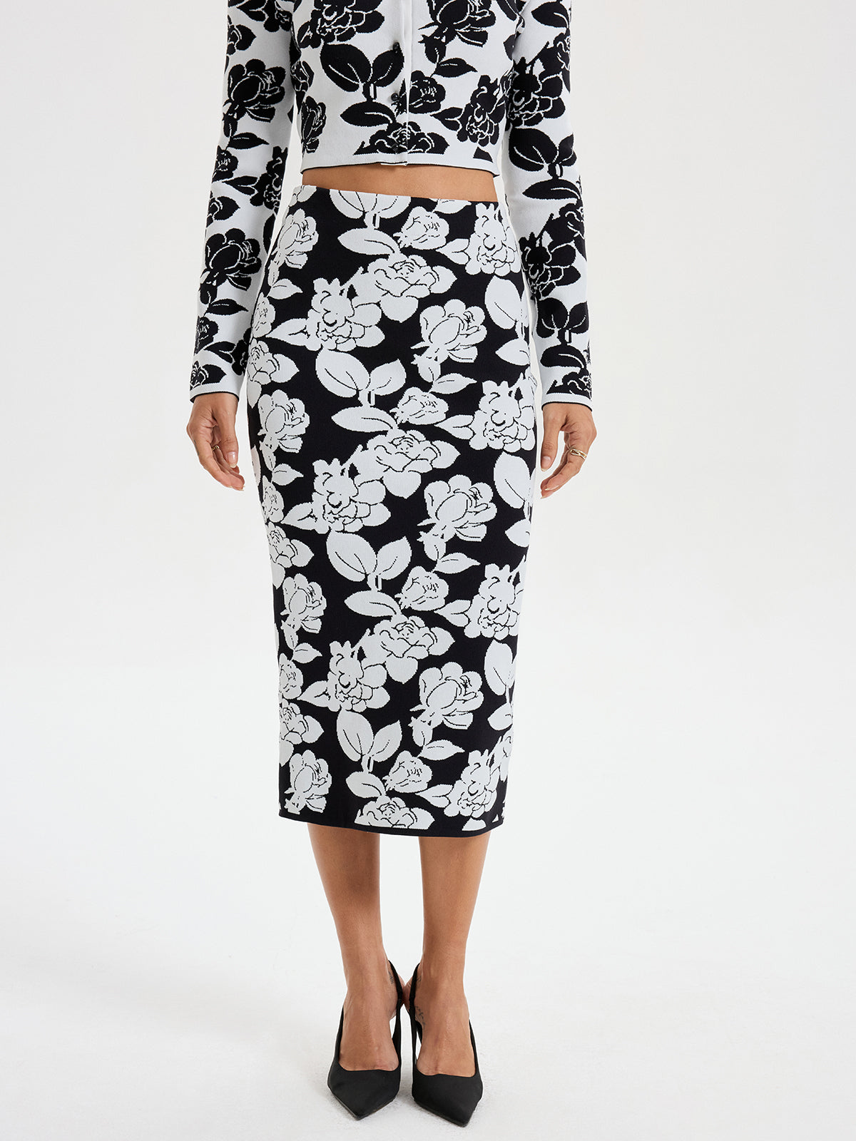 Floral Pattern Knit Midi Skirt - Women's Comfortable Spring Fashion