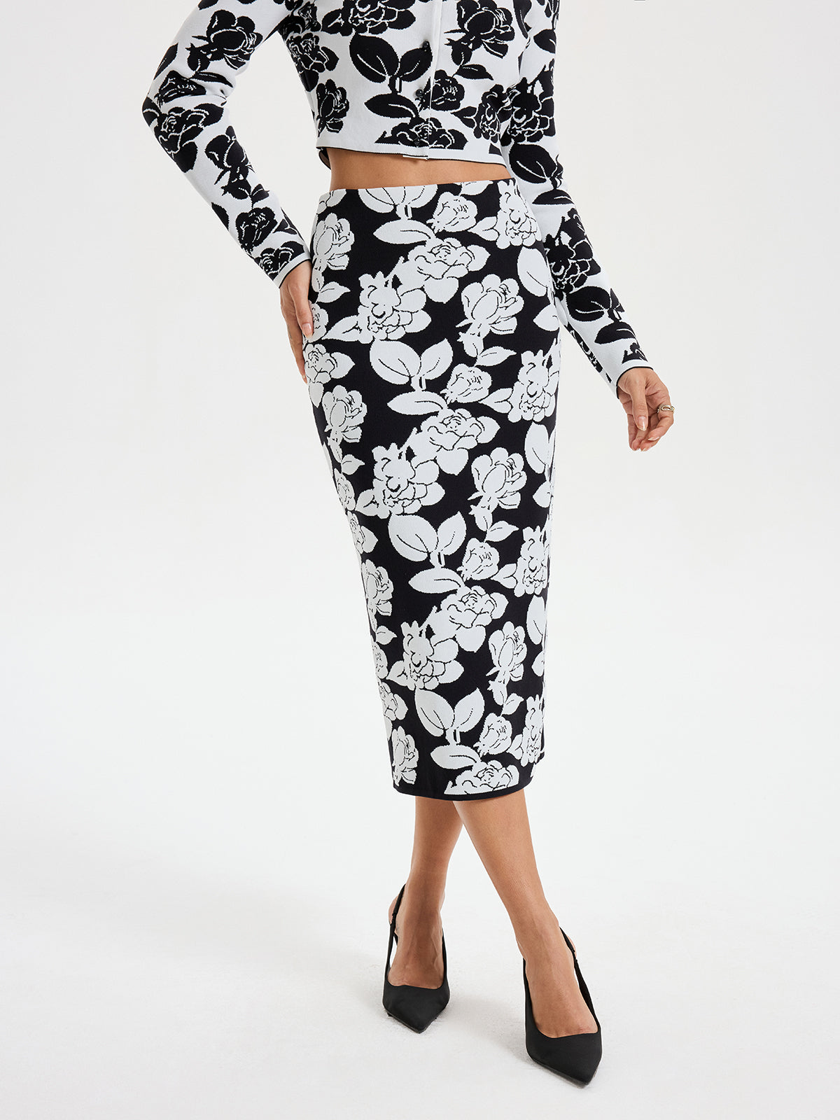 Floral Pattern Knit Midi Skirt - Women's Comfortable Spring Fashion
