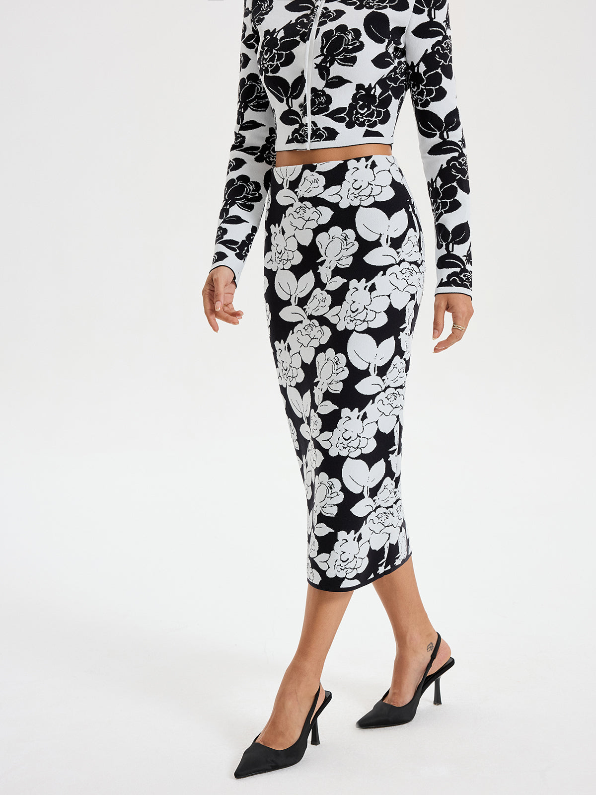 Floral Pattern Knit Midi Skirt - Women's Comfortable Spring Fashion
