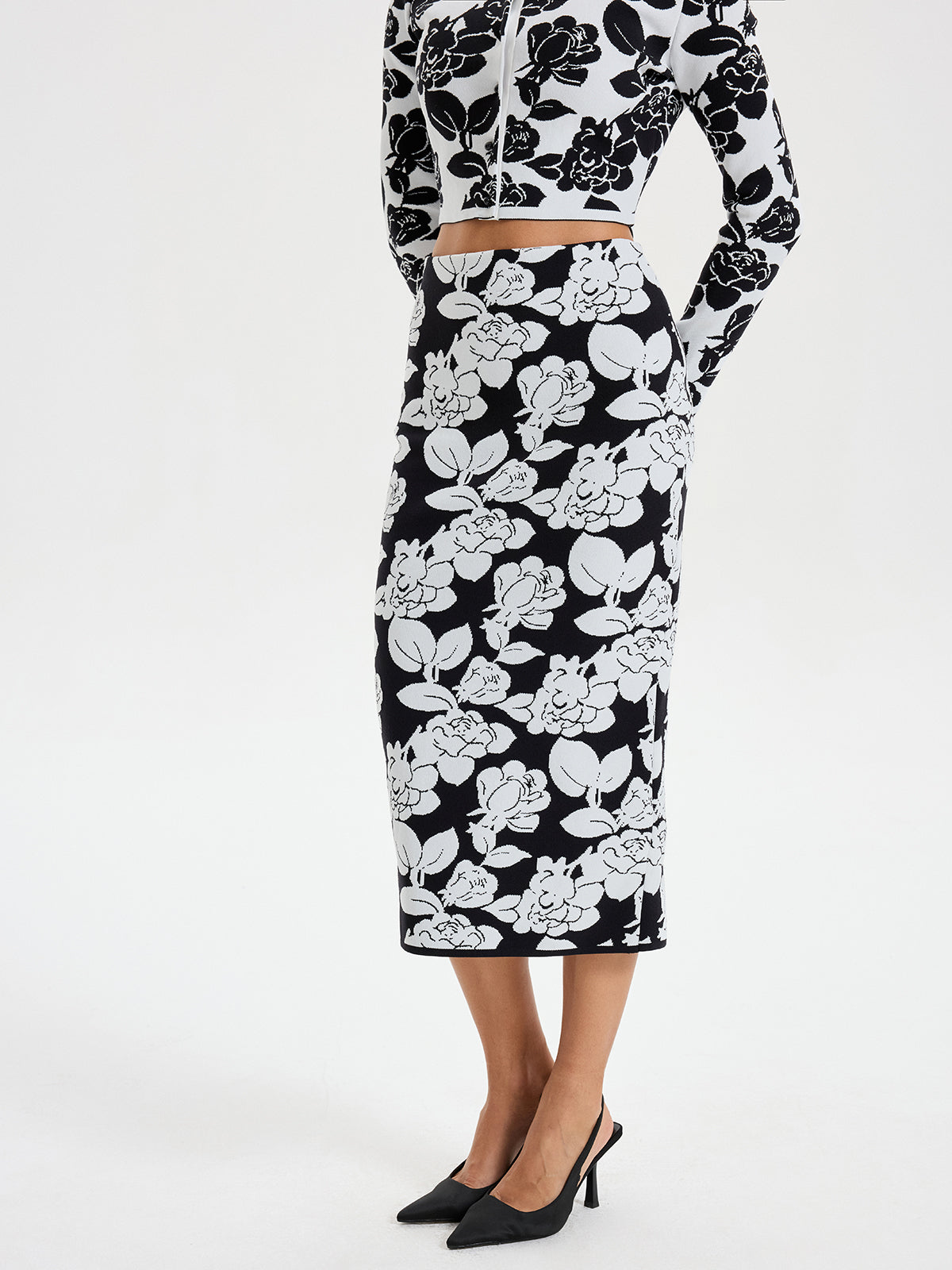 Floral Pattern Knit Midi Skirt - Women's Comfortable Spring Fashion