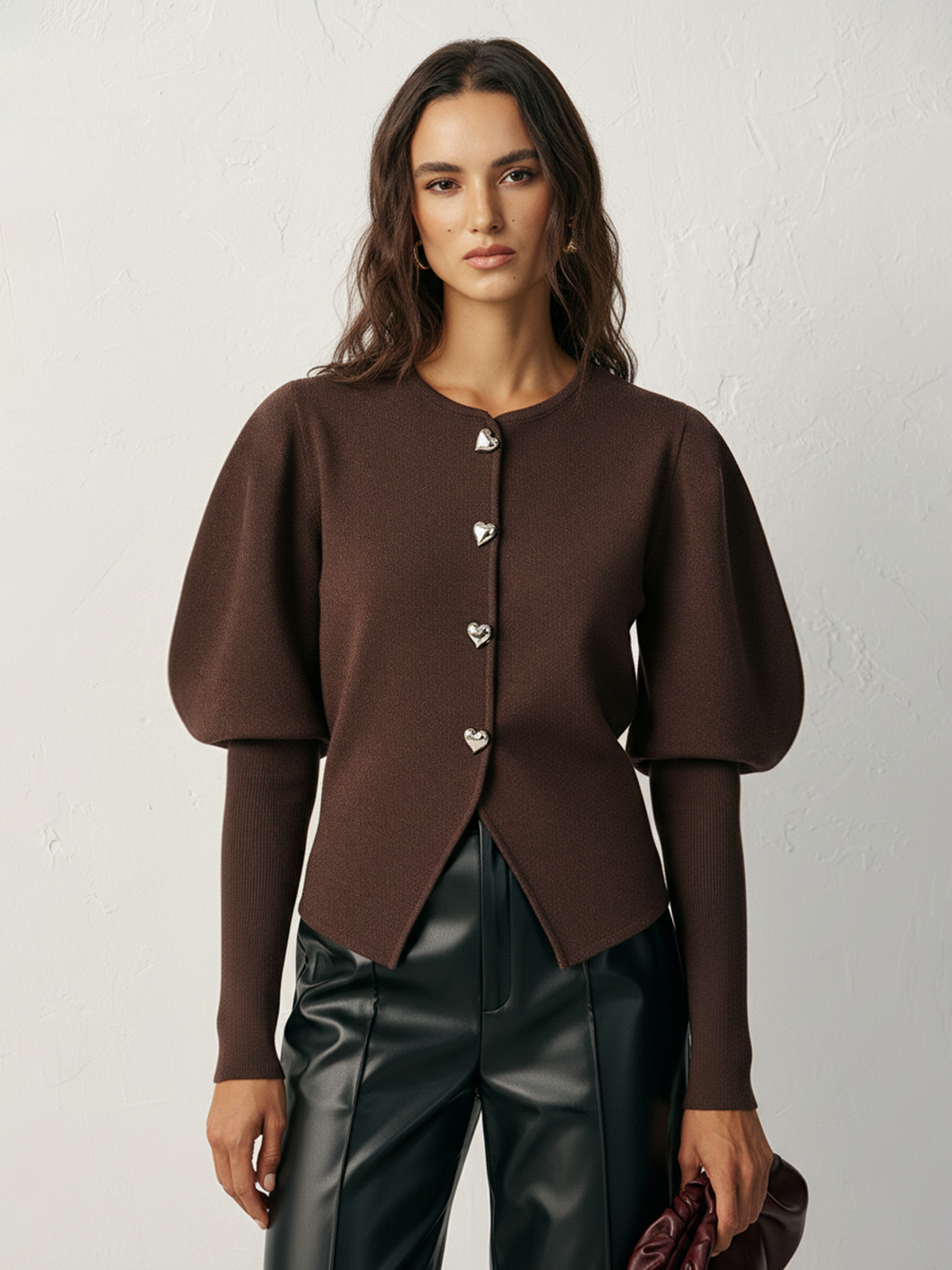 Leg-Of-Mutton Sleeve Heart-Button Wool Blend Cardigan Cozy Fall Fashion