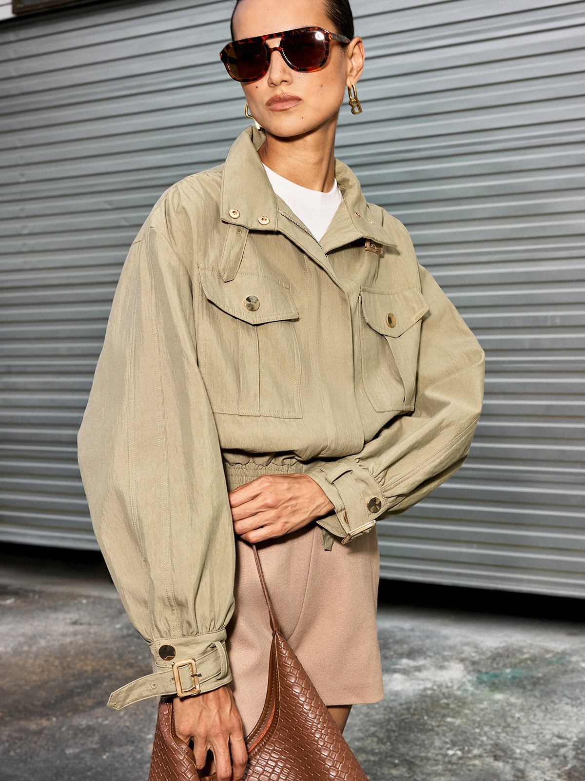 Belted Collar Cotton Blend Cropped Jacket for Women Casual Wear