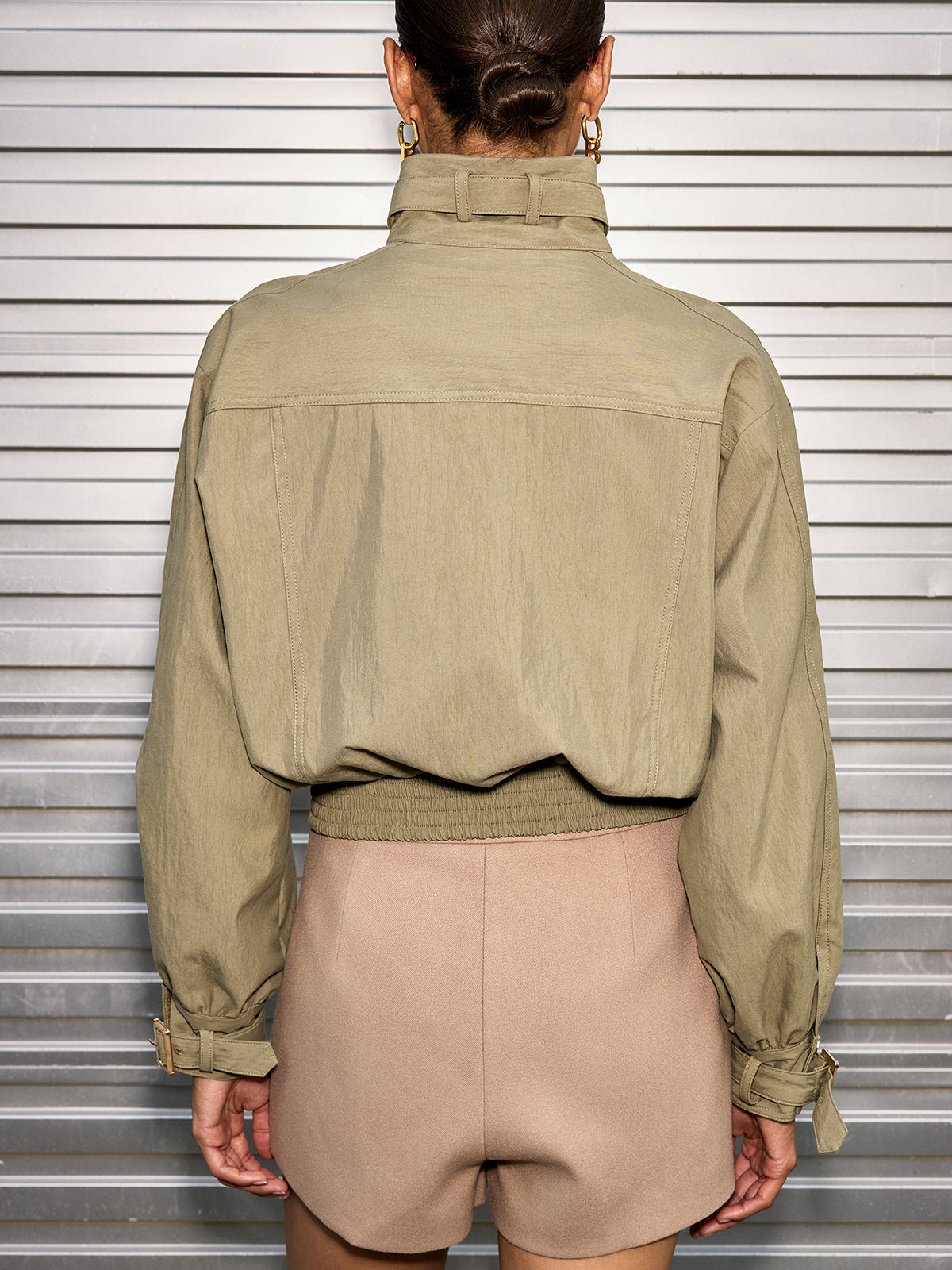Belted Collar Cotton Blend Cropped Jacket for Women Casual Wear