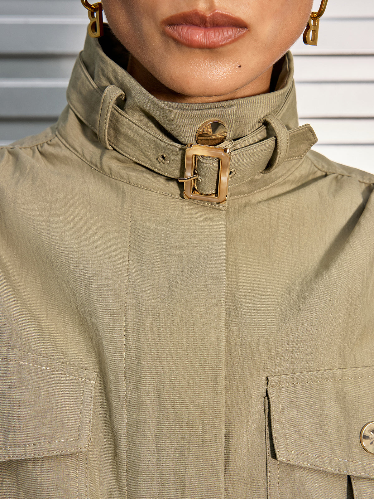 Belted Collar Cotton Blend Cropped Jacket for Women Casual Wear