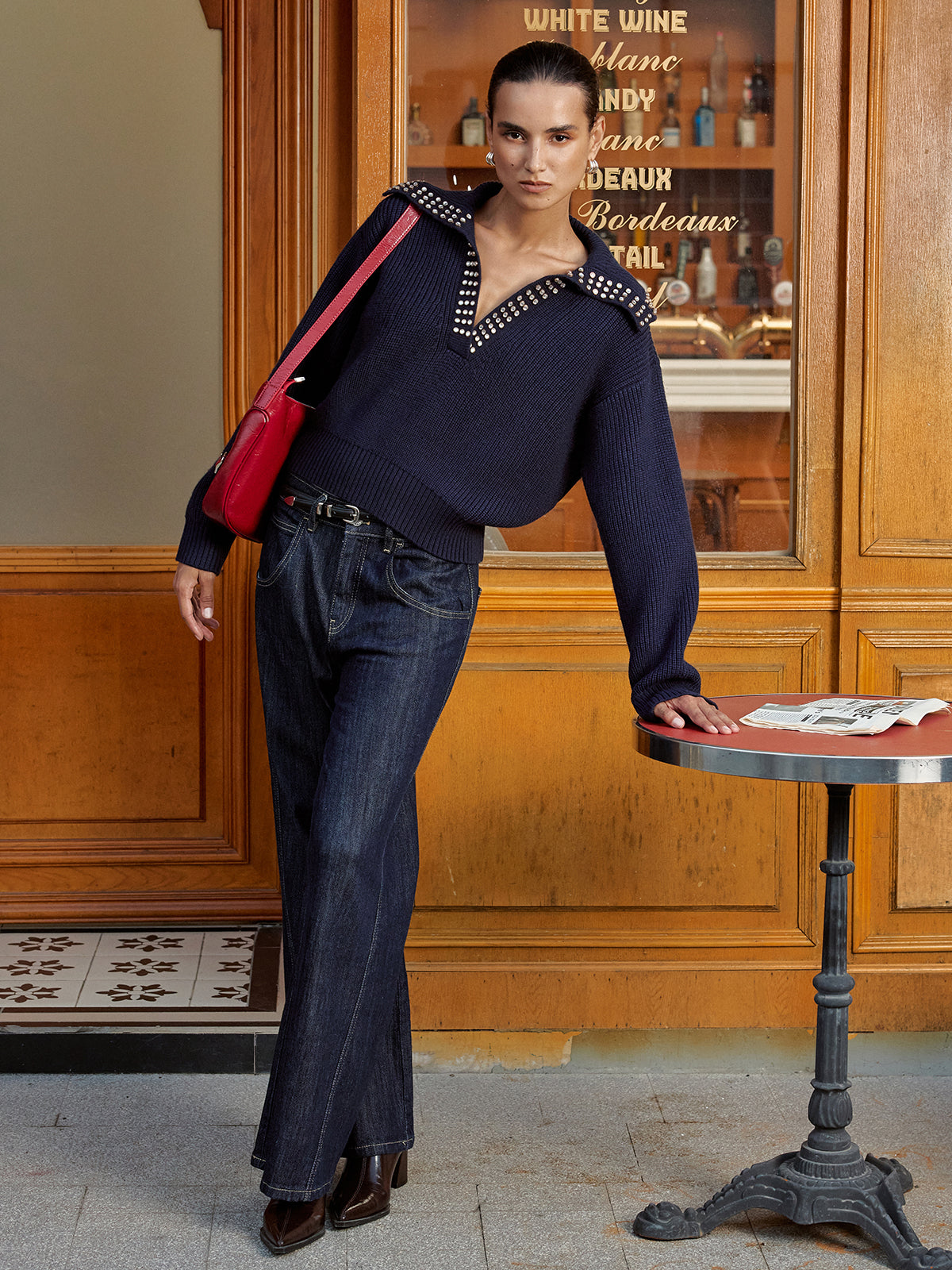 Studded Collar Wool Blend V-Neck Sweater, Cozy Winter Fashion Essential