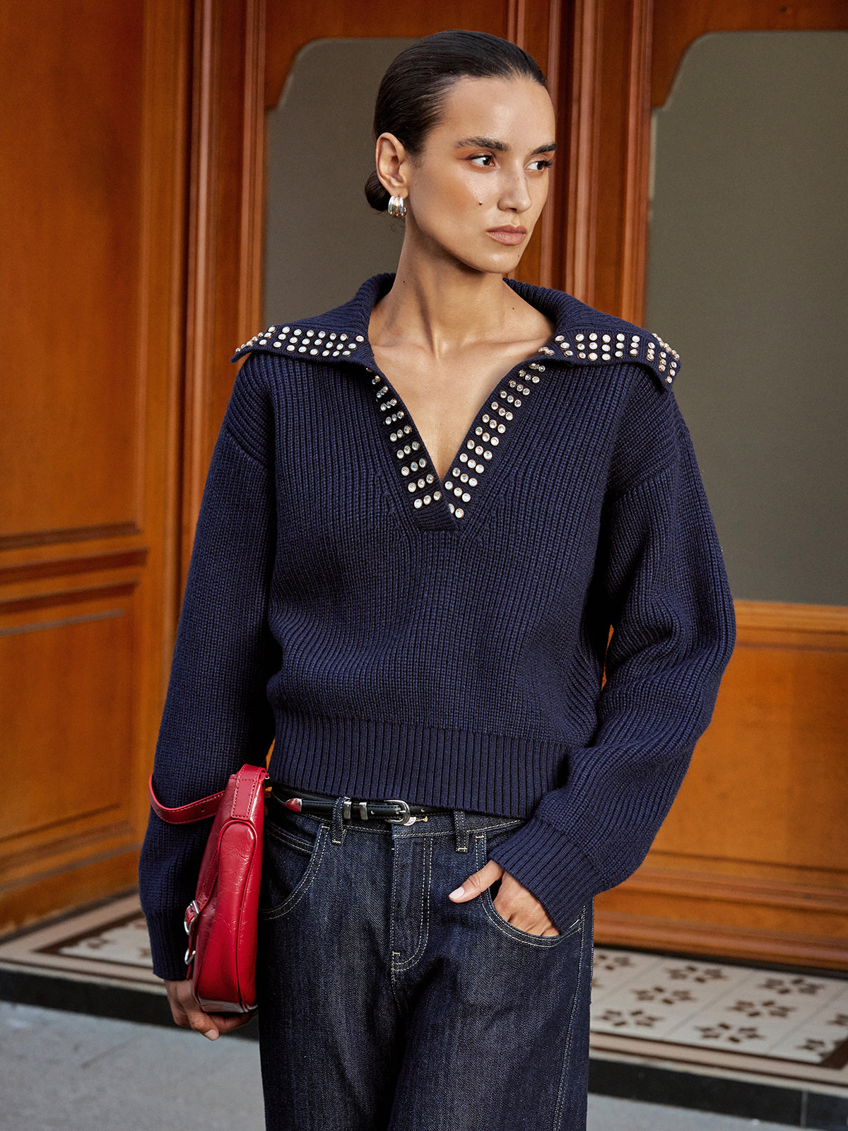 Studded Collar Wool Blend V-Neck Sweater, Cozy Winter Fashion Essential