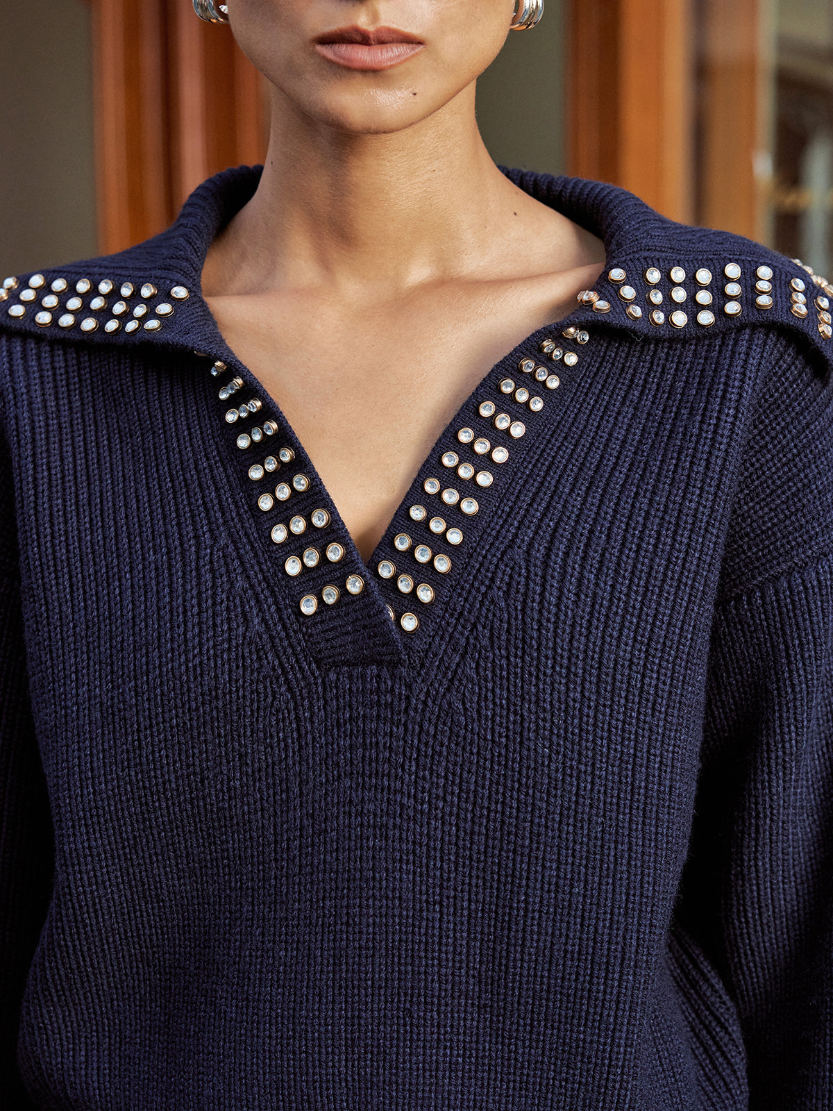 Studded Collar Wool Blend V-Neck Sweater, Cozy Winter Fashion Essential