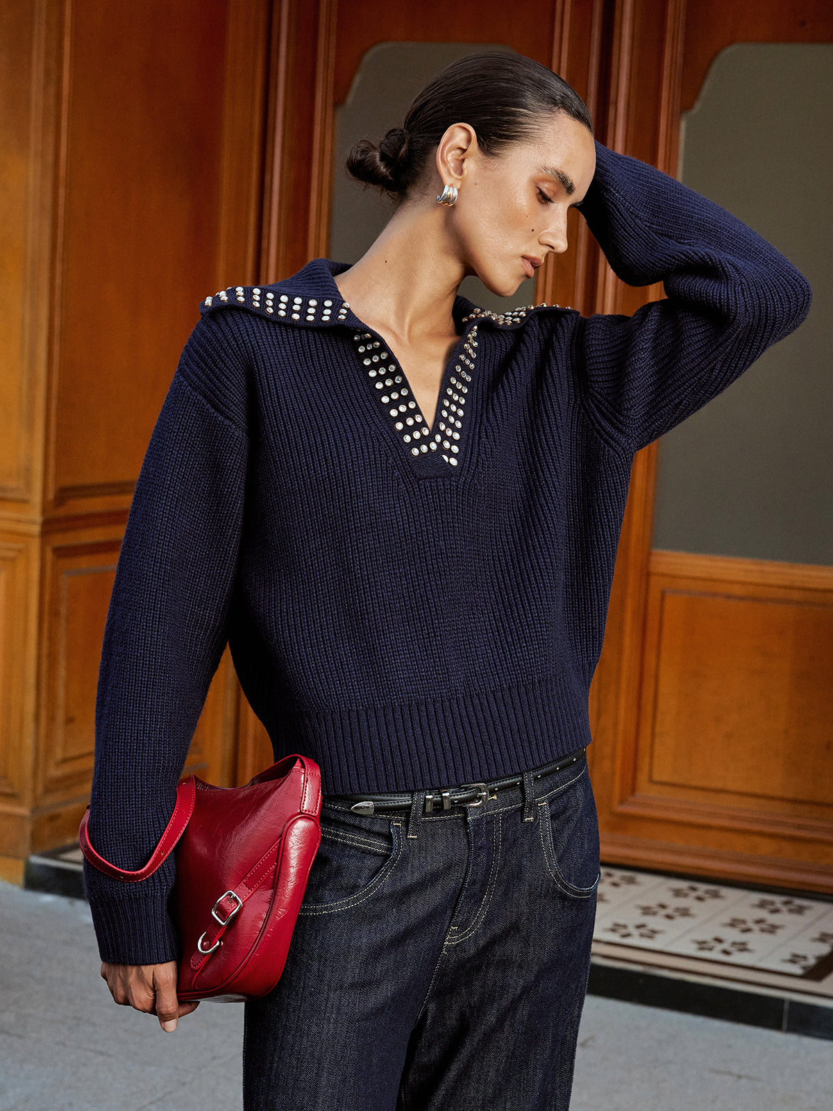Studded Collar Wool Blend V-Neck Sweater, Cozy Winter Fashion Essential