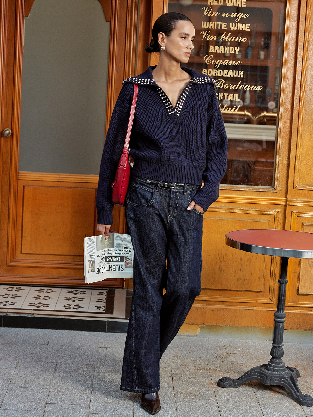 Studded Collar Wool Blend V-Neck Sweater, Cozy Winter Fashion Essential