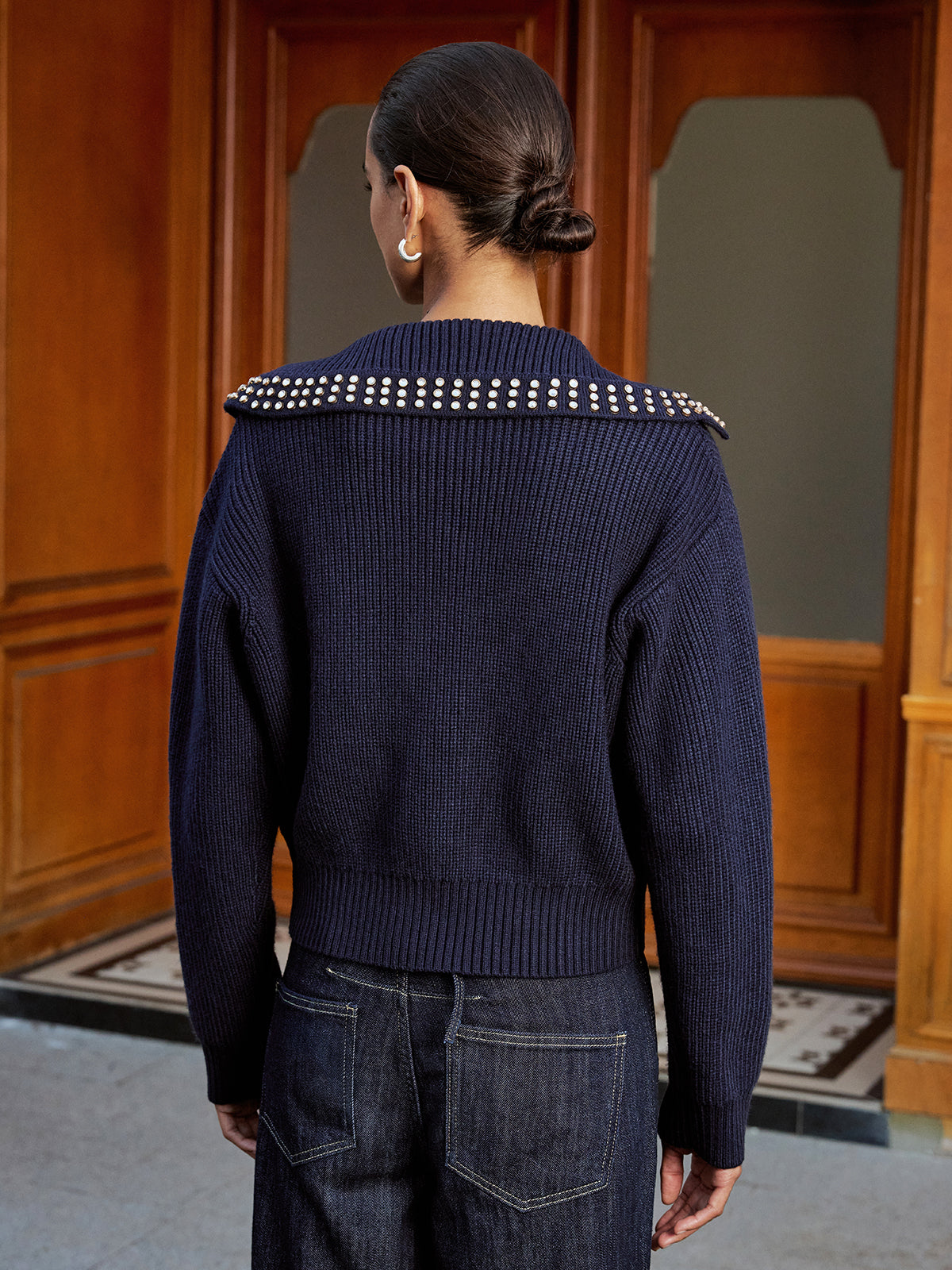 Studded Collar Wool Blend V-Neck Sweater, Cozy Winter Fashion Essential