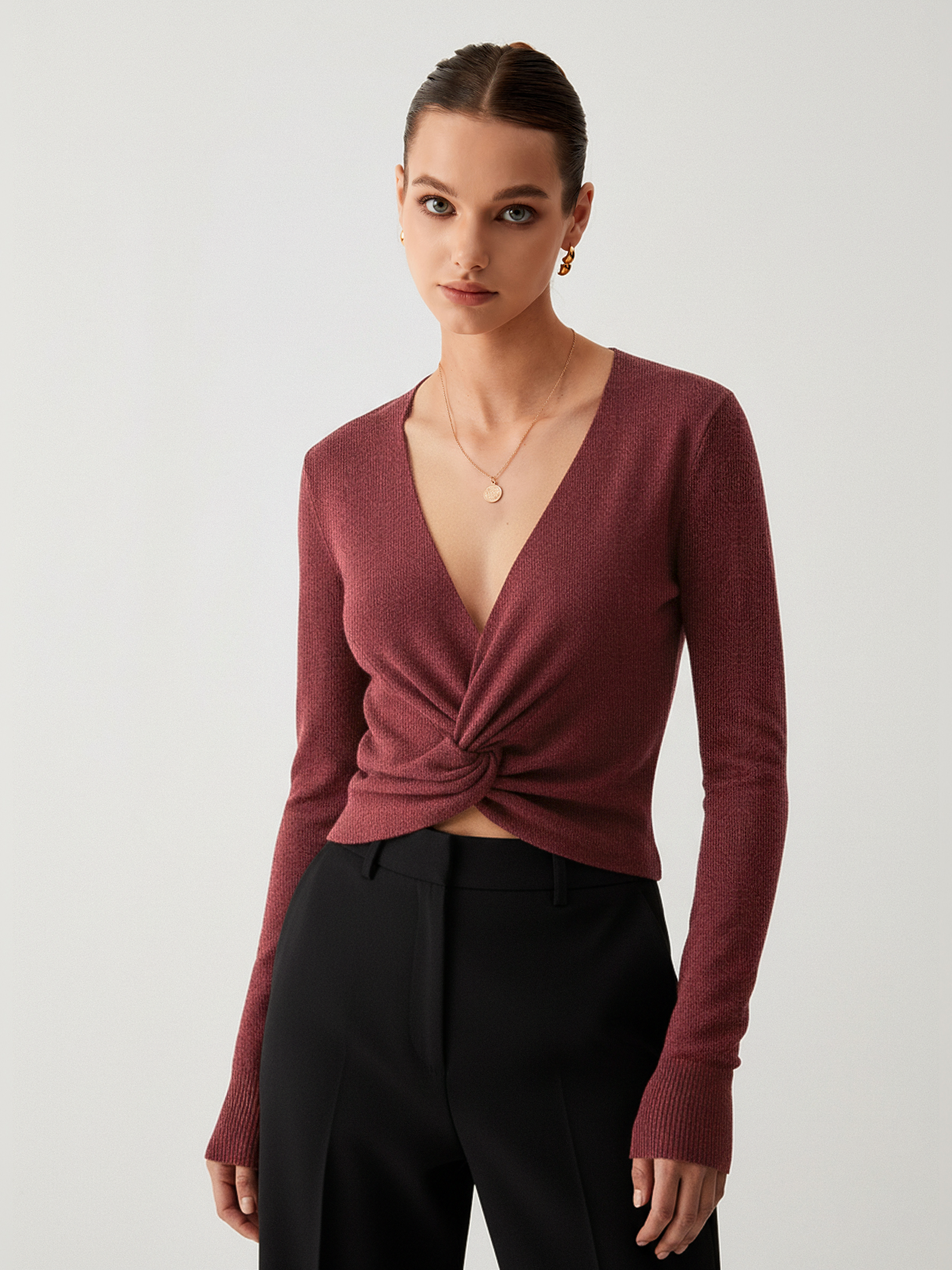 V-Neck Twist-Front Sweater Comfortable Casual Knitwear for Women