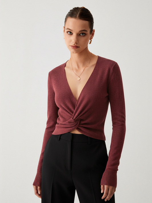 V-Neck Twist-Front Sweater Comfortable Casual Knitwear for Women