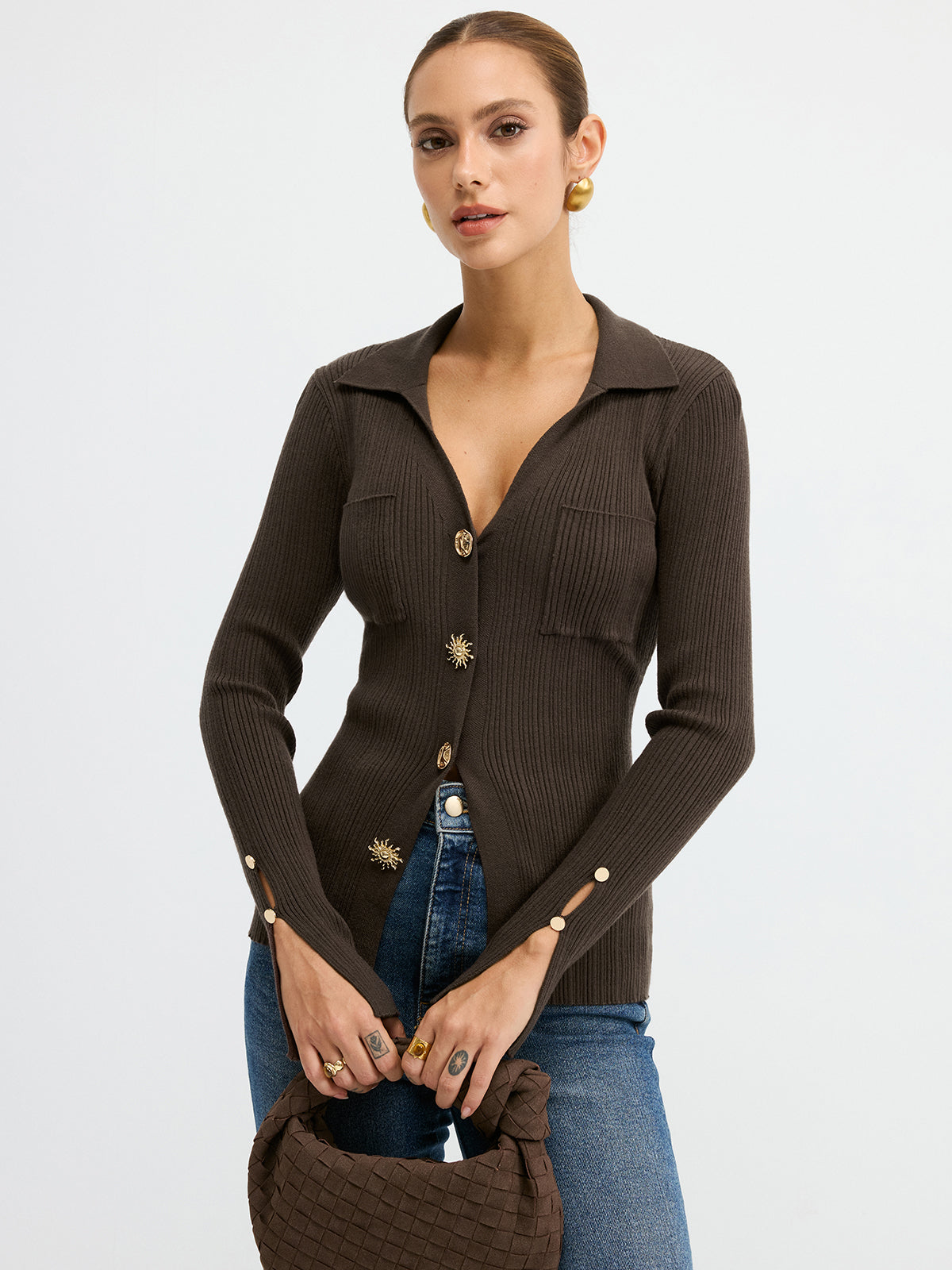 Polo Neck Ribbed Knit Top - Casual Long Sleeve Sweater