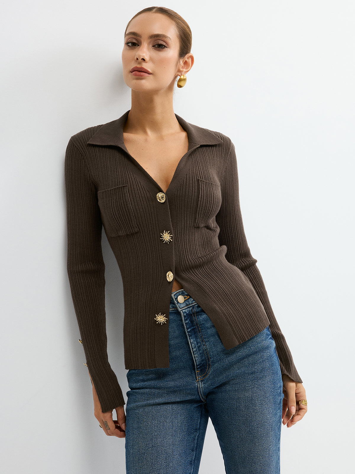 Polo Neck Ribbed Knit Top - Casual Long Sleeve Sweater